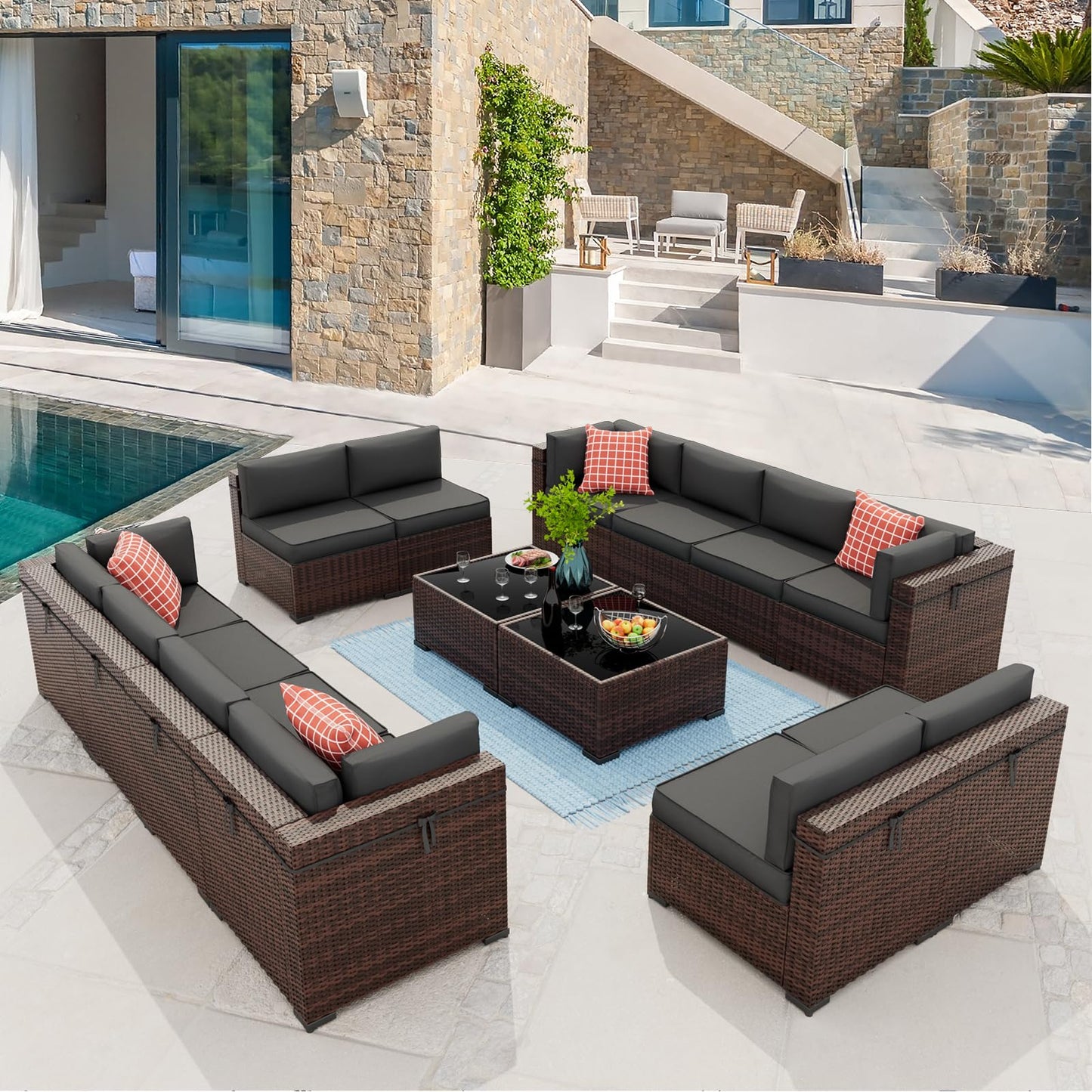Amopatio Patio Furniture Sets, 7 Pieces Outdoor Rattan Sectional Sofa Set with Glass Table and Cushions, Wicker Patio Conversation Set for Outdoor Indoor Backyard Lawn Garden Porch (Grey)