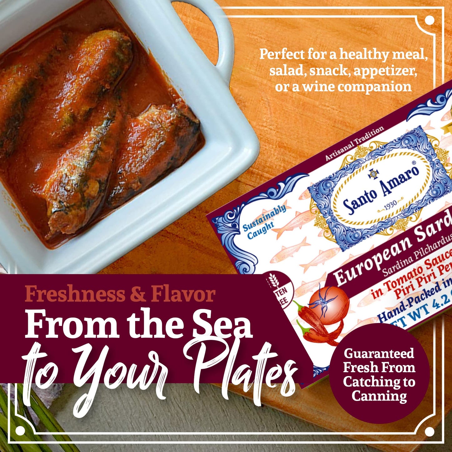 Santo Amaro - 6 Flavor Variety Pack Sampler European Wild Sardines - Virgin Olive Oil - Tomato Sauce from Puree - Virgin Olive Oil & Spicy Red Piri Piri Pepper - Spring Water - Virgin Olive Oil & Lisbon Lemon - Tomato Puree with Spicy Red Piri Piri Pepper