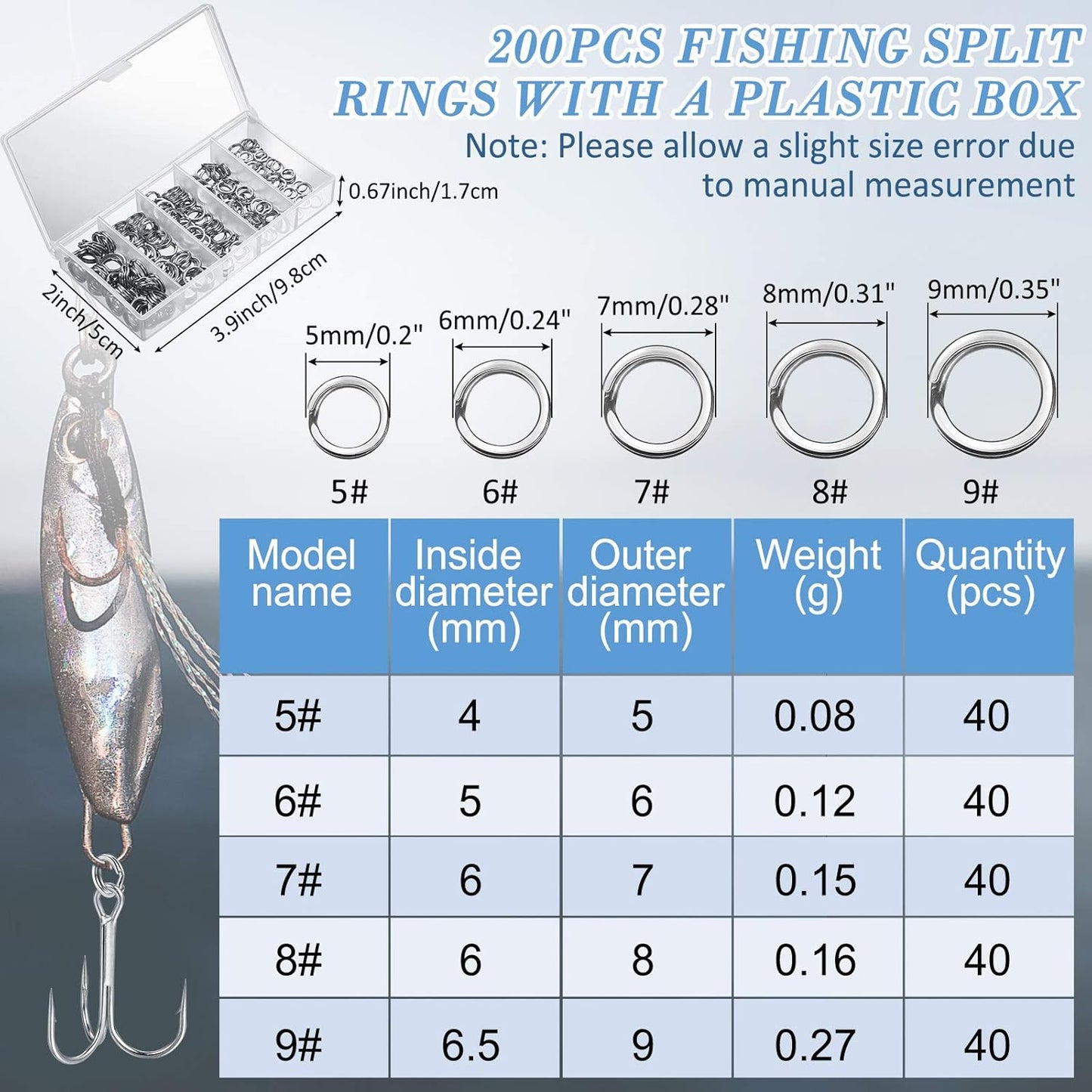 Skylety Fishing Tackle Tools 200 Pieces Split Fishing Rings with Plastic Box, 100 Pieces Treble Hooks Kit with Plastic Box, 1 Piece Lure Tackle Connector Fishing Plier and 1 Piece Fishing Lanyard