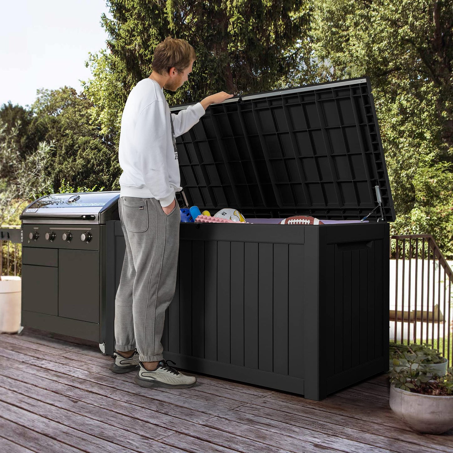 Devoko 100 Gallon Waterproof Large Resin Deck Box Indoor Outdoor Lockable Storage Container for Patio Furniture Cushions Garden Tools (100 Gallon, Black)