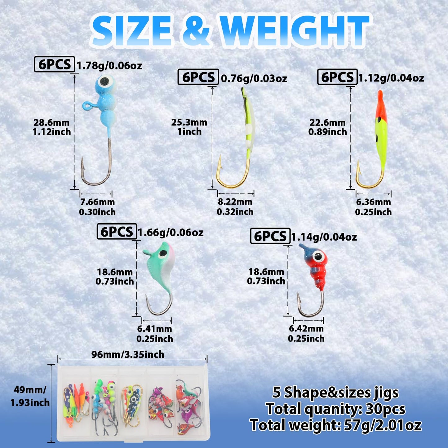 Ice Fishing Jigs Kit, 30/60Pcs Glow Ice Fishing Lure Set for Winter Ice Jigging Crappie Sunfish Perch Panfish Walleye Pike Jigs, Ice Fishing Gear with Storage Box