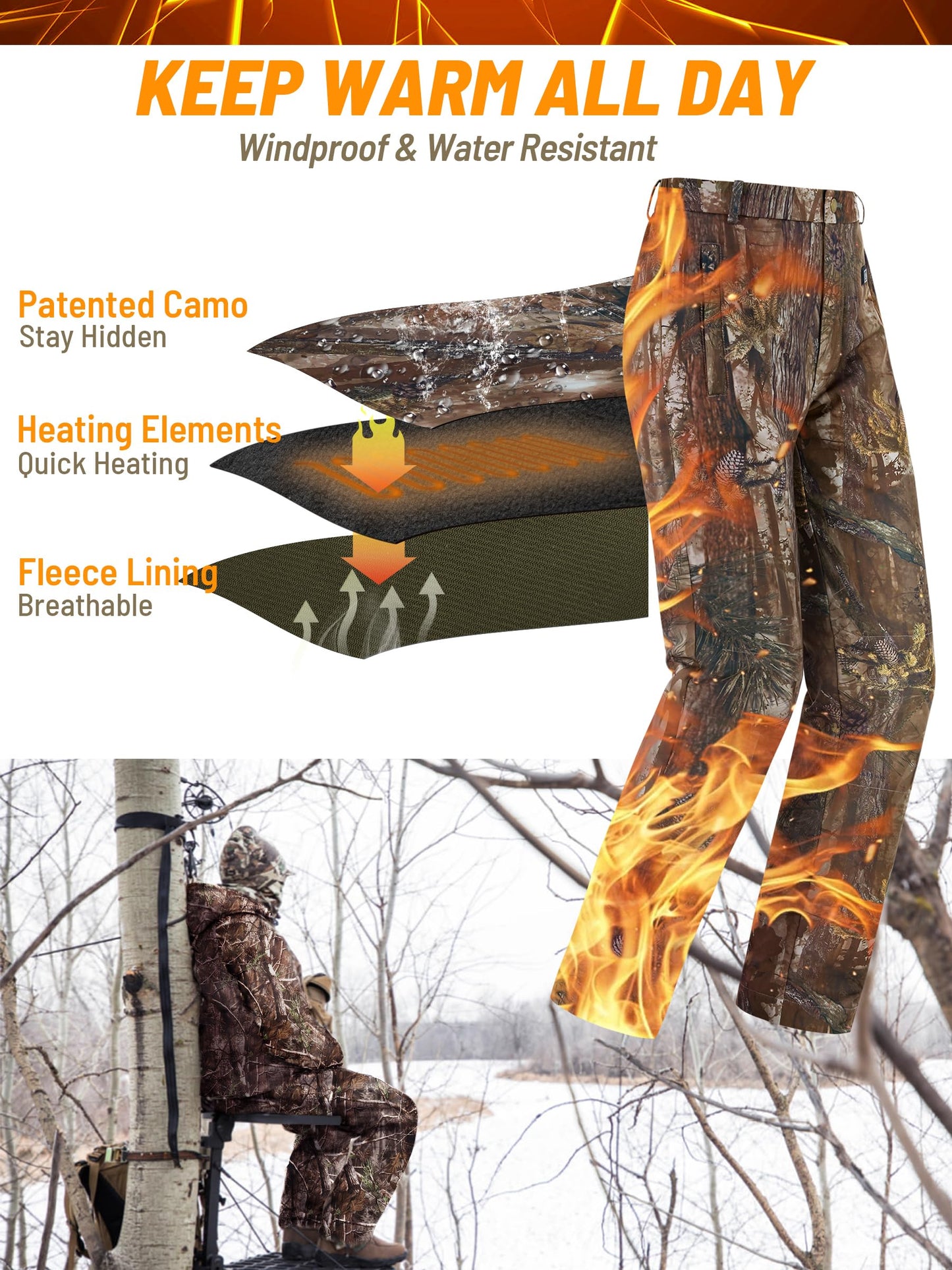 NEW VIEW Women Camo Heated Pants with 10000mAh Battery Pack, Fleece Lined Insulated Hunting Pants for Cold Winter Outdoors