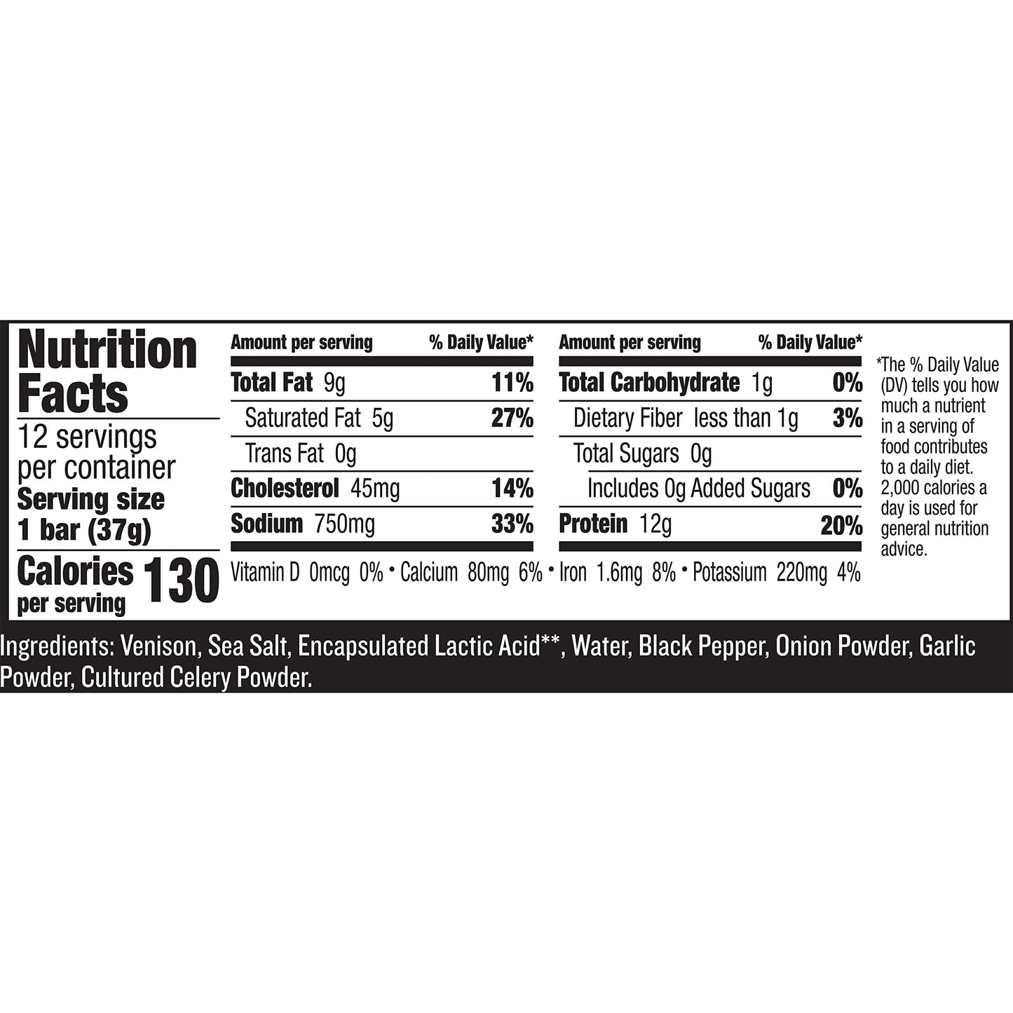 EPIC Bars, Venison Sea Salt and Pepper Bar, Keto Friendly, Whole30 Approved, Gluten Free, 12 Count, 15.6 oz