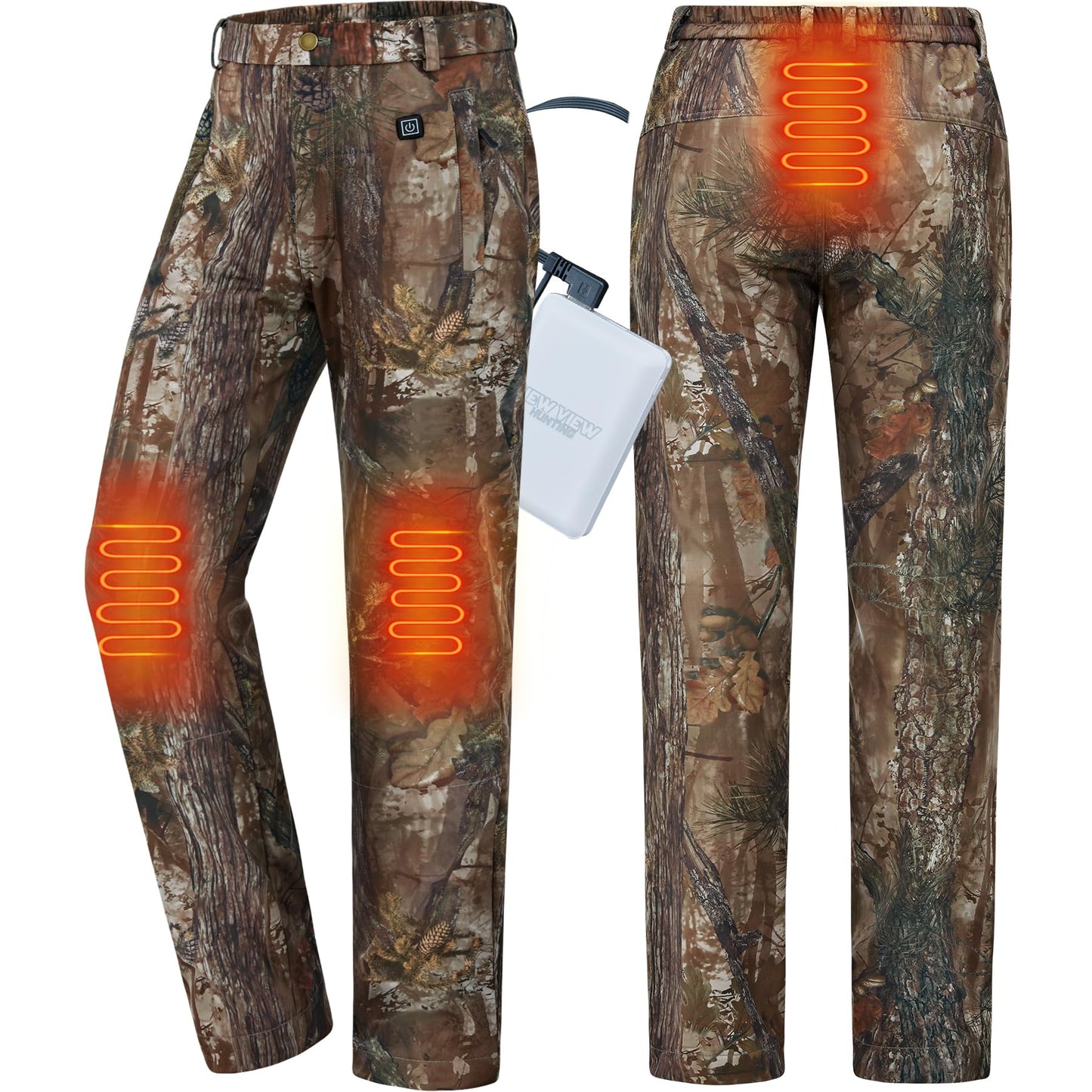 NEW VIEW Women Camo Heated Pants with 10000mAh Battery Pack, Fleece Lined Insulated Hunting Pants for Cold Winter Outdoors