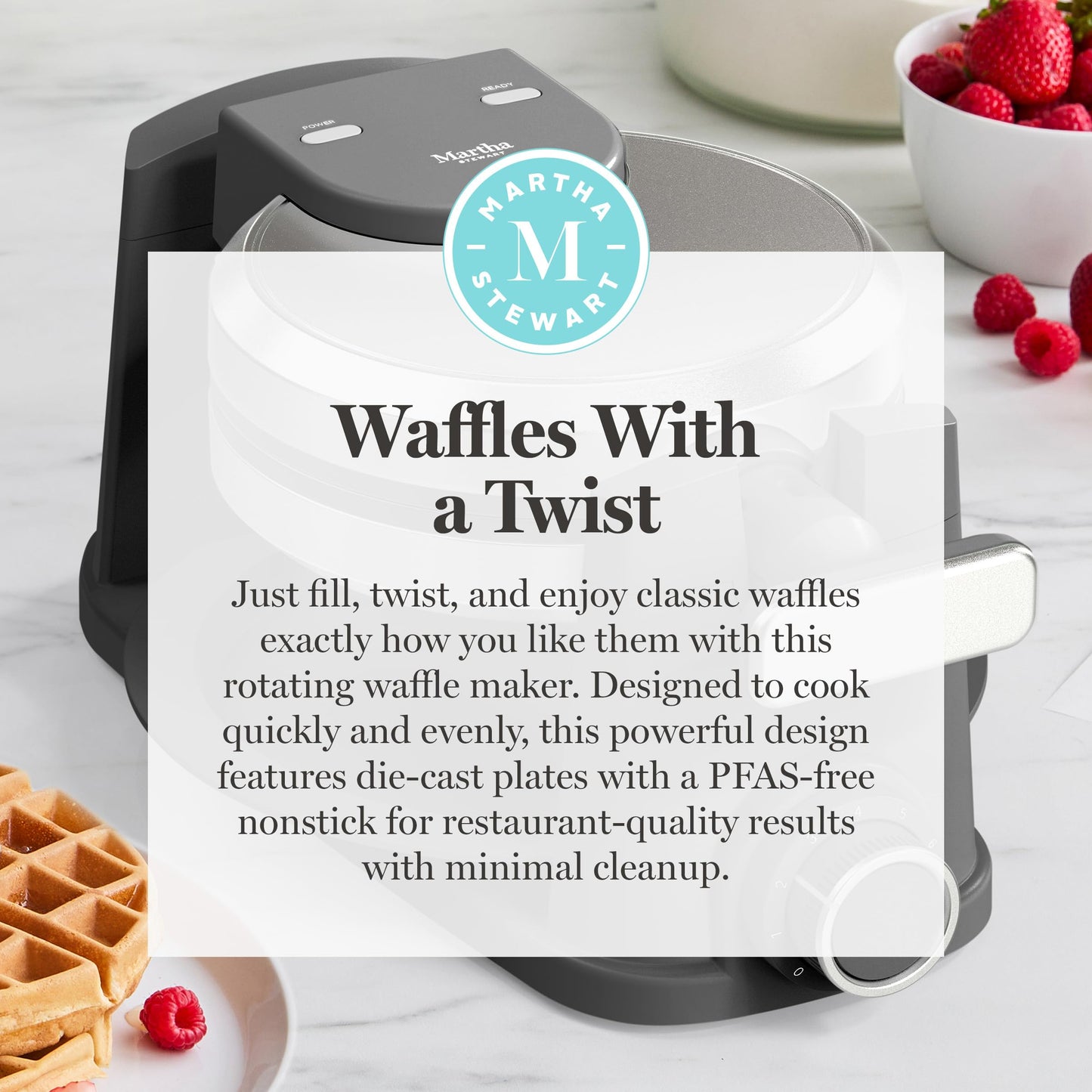 Martha Stewart Rotating Waffle Maker, 180° Flip Iron with PFAS-Free Nonstick Plates, Adjustable Timer, Ready Light, Drip Tray, Space Saving, Classic Round 7”, Easy to Clean, Stainless Steel, Sky Blue