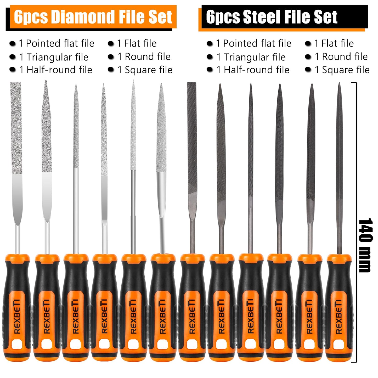 REXBETI 25Pcs Metal File Set, Premium Grade T12 Drop Forged Alloy Steel, Flat/Triangle/Half-round/Round Large File and 12pcs Needle Files with Carry Case, 6pcs Sandpaper, Brush, A Pair Working Gloves