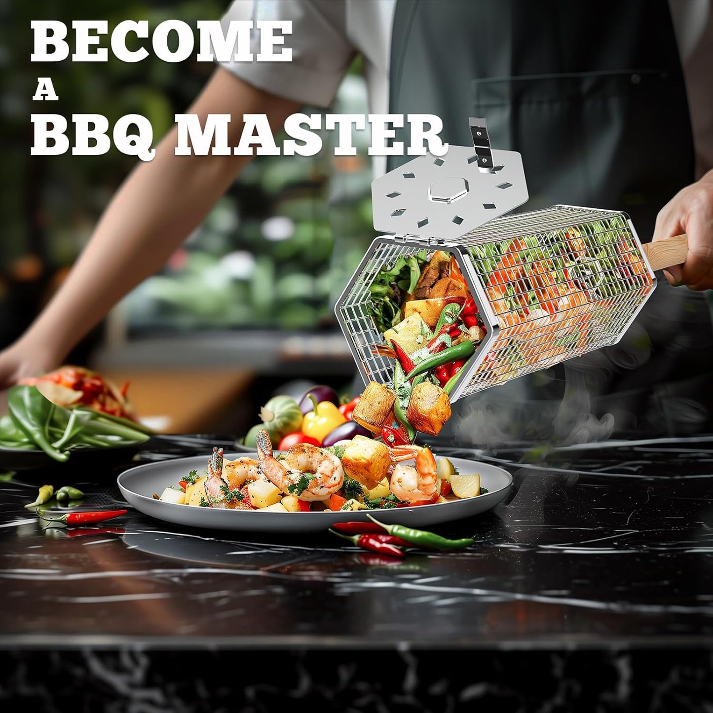 Rolling Grill Baskets(2PCS, Hexagon), Removable Wooden Handle, 304 Stainless Steel, Nesting Grilling Net, BBQ Accessories Tools for Vegetables Shrimp, Outdoor Cooking Camping, Birthday Gifts for Men Dad Husband