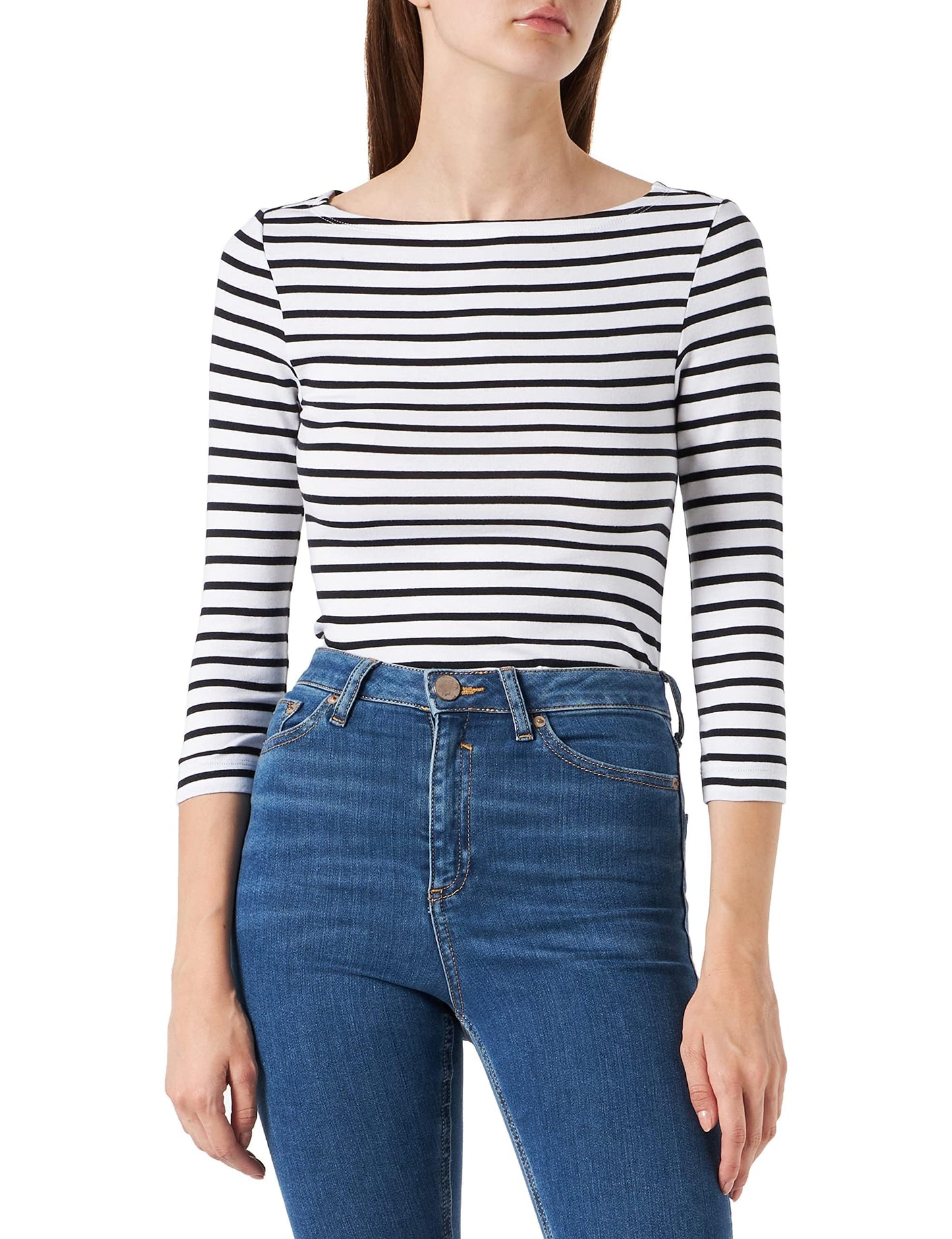 Amazon Essentials Women's Slim-Fit 3/4 Sleeve Boat Neck Cotton Modal Micro Rib T-Shirt
