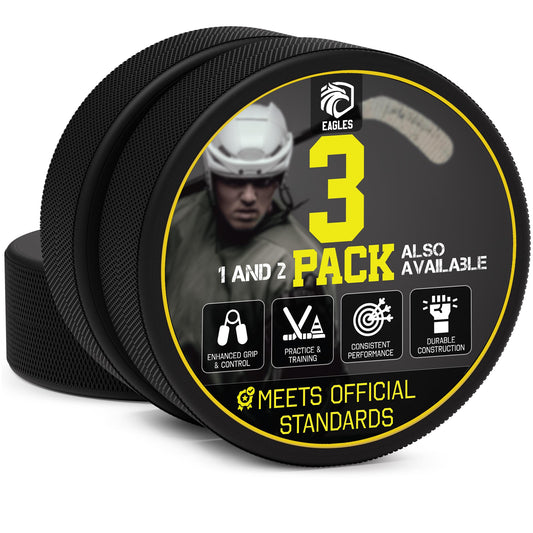EAGLES Ice Hockey Pucks | High Grade Pucks Official Regulation Weight & Size for Practice & Classic Training - 6 oz Diameter 3" Thickness 1" Black Hockey Puck | Roller Hockey 2 Pack