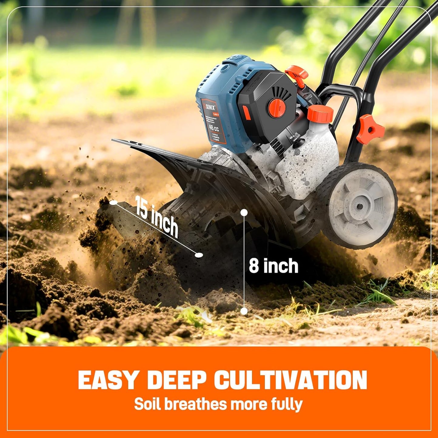 SENIX 4QL 4-Cycle Gas Powered Tiller Cultivator, 46cc Full Crank Engine, 15-Inch Tilling Width, 8-Inch Tilling Depth, Easy Start, Foldable Handles for Compact Storage (TL4QL-L1)