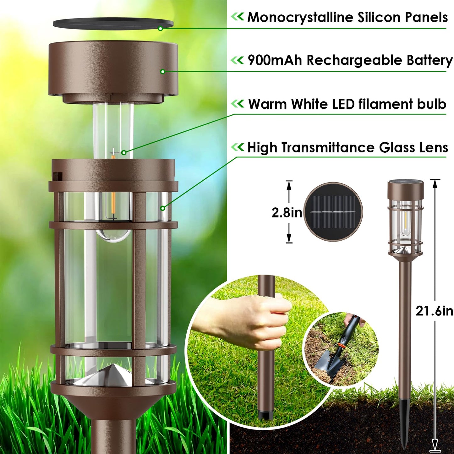 Solar Pathway Lights, 8 Pack LED Solar Lights Outdoor Waterproof, Glass Metal Garden Lighting for Yard Path Landscape Lawn Walkway Driveway, 3000K