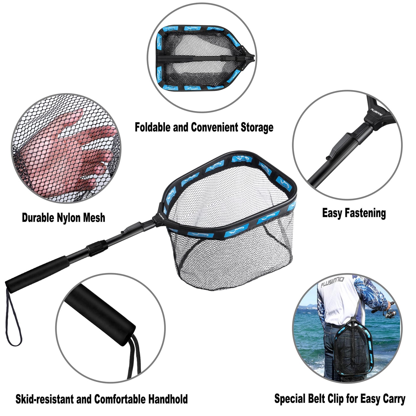 PLUSINNO Floating Fishing Net for Steelhead, Salmon, Fly, Kayak, Catfish, Bass, Trout Fishing, Rubber Coated Landing Net for Easy Catch & Release, Compact & Foldable for Easy Transportation & Storage