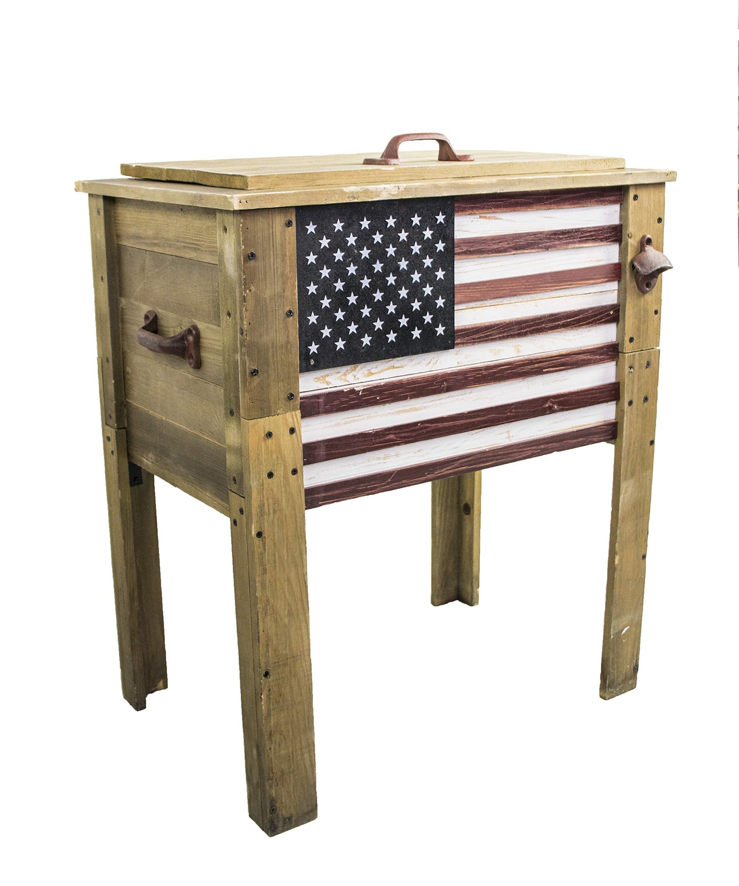 Backyard Expressions Wooden Patio Cooler with Plastic Insulated Liner & Bottle Opener – Rustic Outdoor Ice Chest for Deck, Porch, or Backyard Parties (2025 Flag)