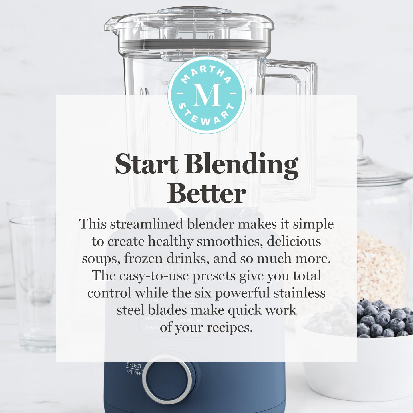Martha Stewart 50oz Countertop Blender, Smoothie, Margarita & Ice Crushing Blender, BPA-Free Pitcher, 3 Speeds, 5 Presets, Auto-Clean Function, Dishwasher Safe, Stainless Steel Blades, Sky Blue