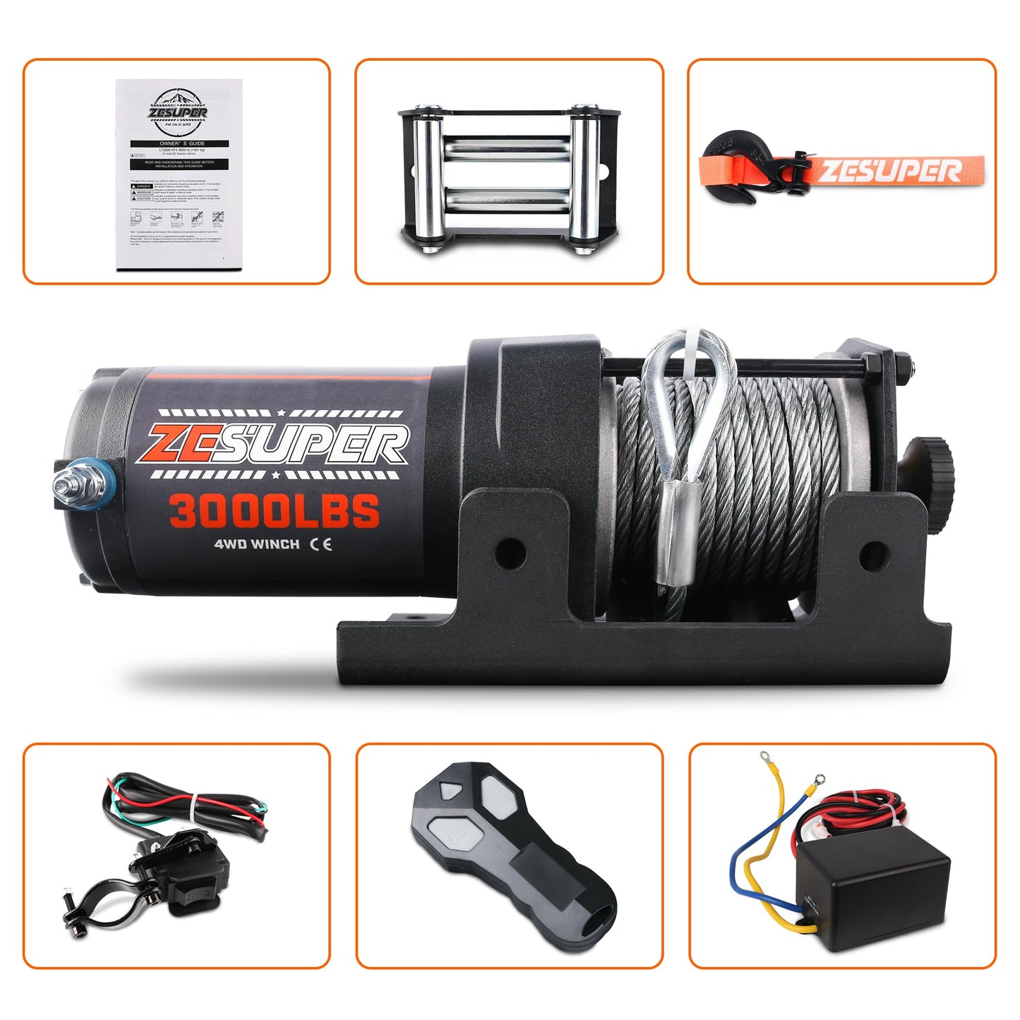ZESUPER 3000 lb Electric Winch for ATV UTV Trailer Boat Synthetic Rope Winch 12V DC Off Road Towing Winches with Wireless Remote Mounting Bracket