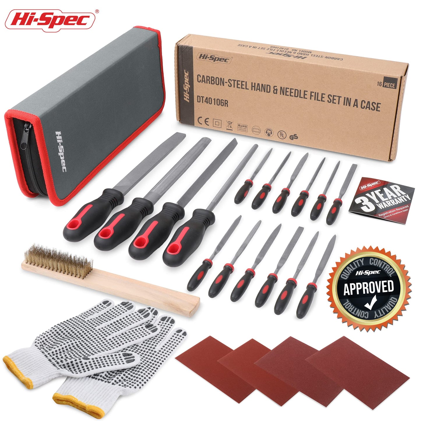 Hi-Spec 17 Piece Metal Hand & Needle File Tool Kit Set. Large & Small Mini T12 Carbon Steel Flat, Half-Round, Round & Triangle Files. Complete in a Zipper Case with a Brush