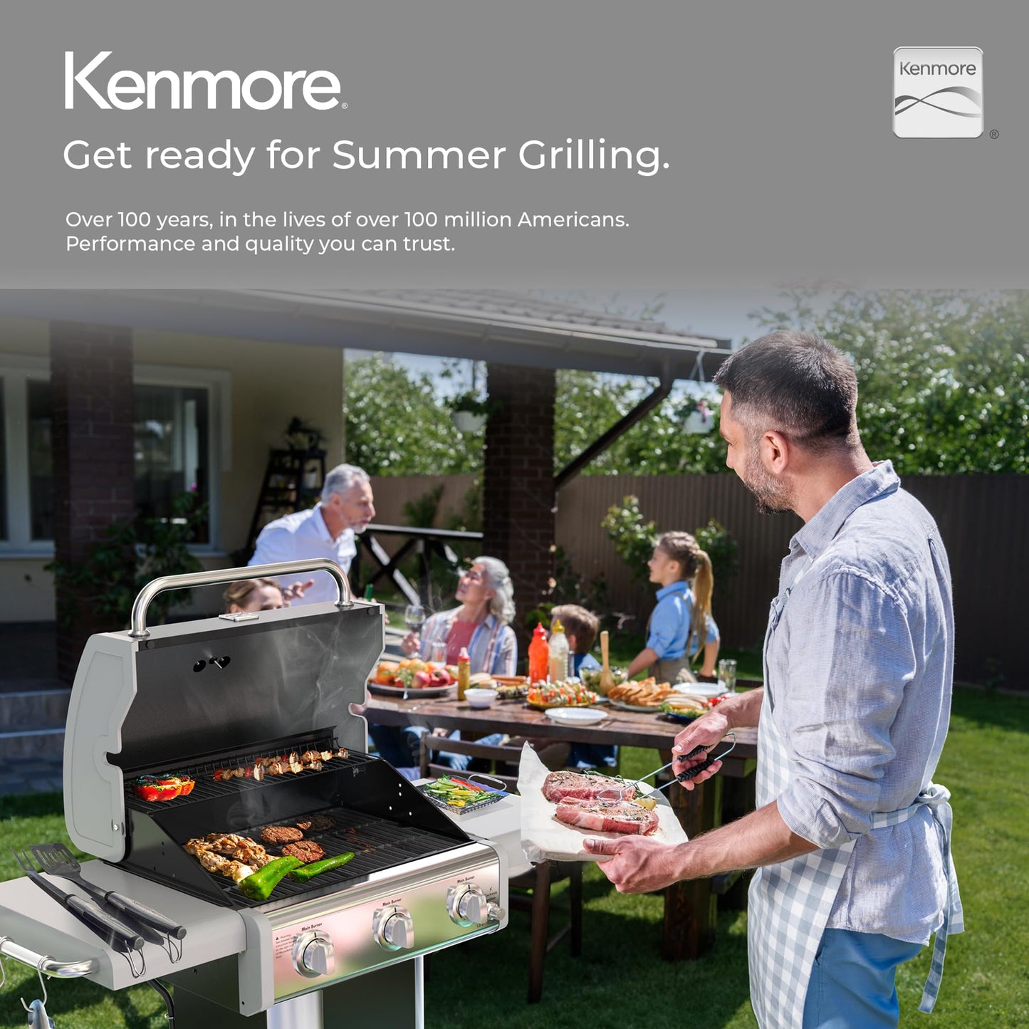 Kenmore 3-Burner Propane BBQ Grill, 30,000 BTUs Gas Grill with Cast Iron Cooking Grates, Folding Side Tables & Wheels, Outdoor Grill with Tool Hooks, Azure Blue