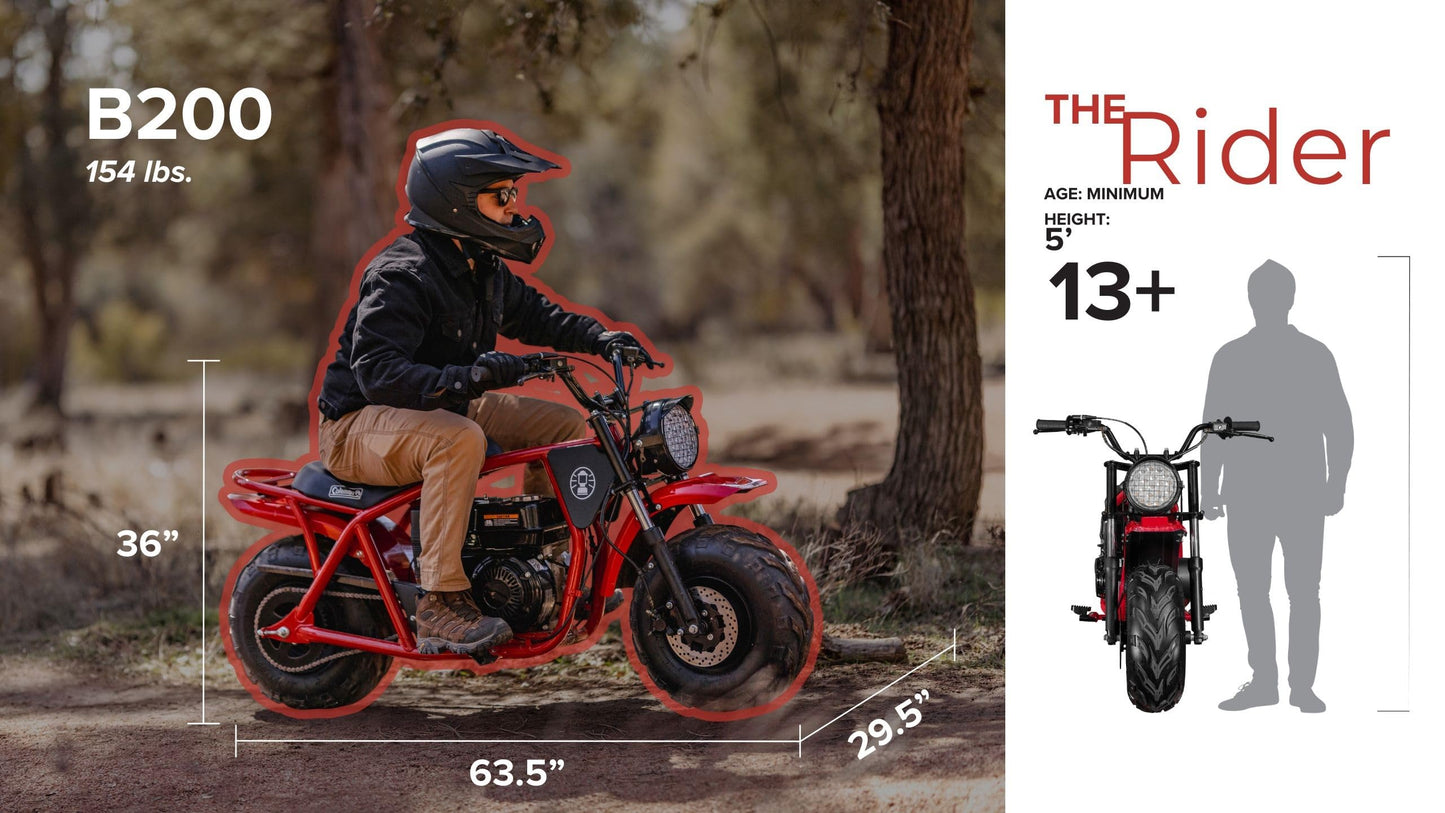 Coleman Powersports B100 105cc Gas Powered Minibike for Kids and Adults, 1-Cylinder, 4-Stroke, 22 Mph, 150 lbs Maximum Load, Ideal for Off-Road and Trail Riding