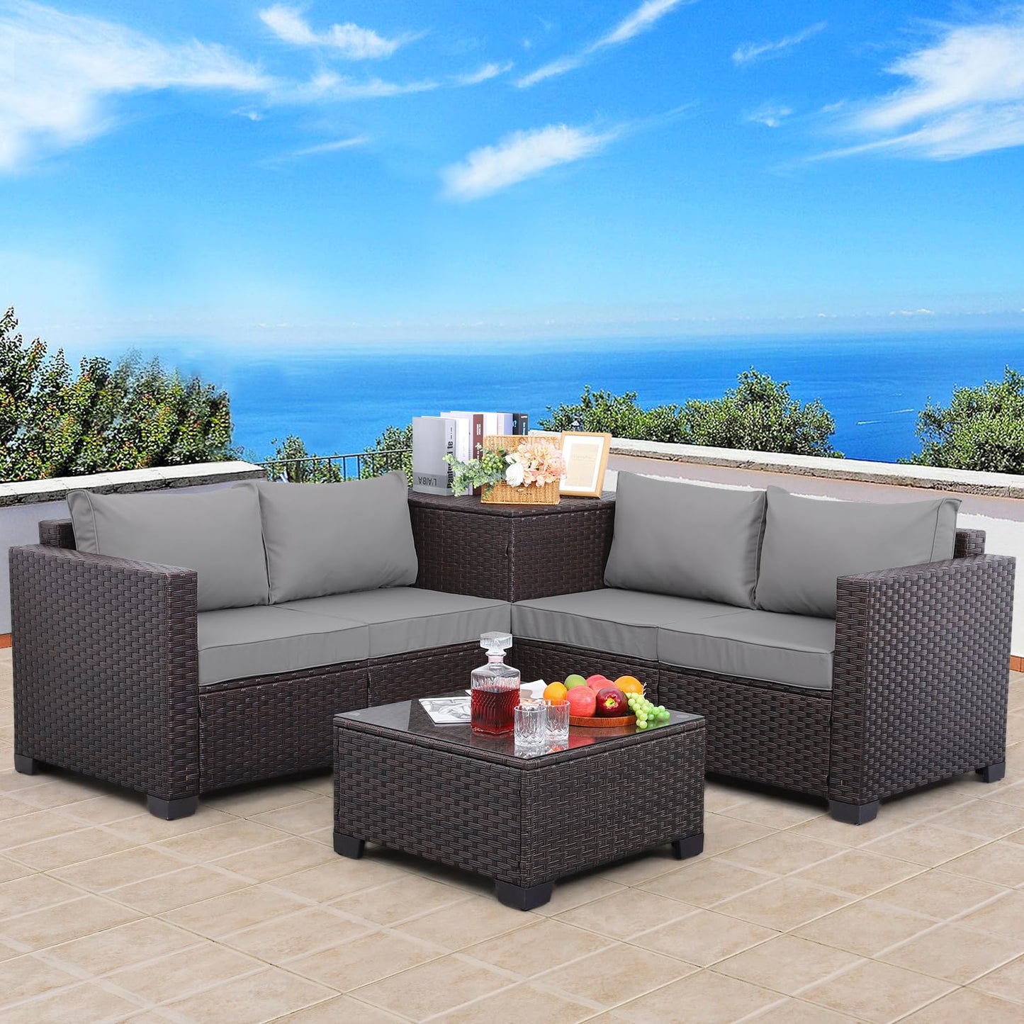 Outdoor PE Wicker Patio Furniture Set 4 Piece Black Rattan Sectional Loveseat Couch Set Conversation Sofa with Storage Box Glass Top Table and Non-Slip Grey Cushion