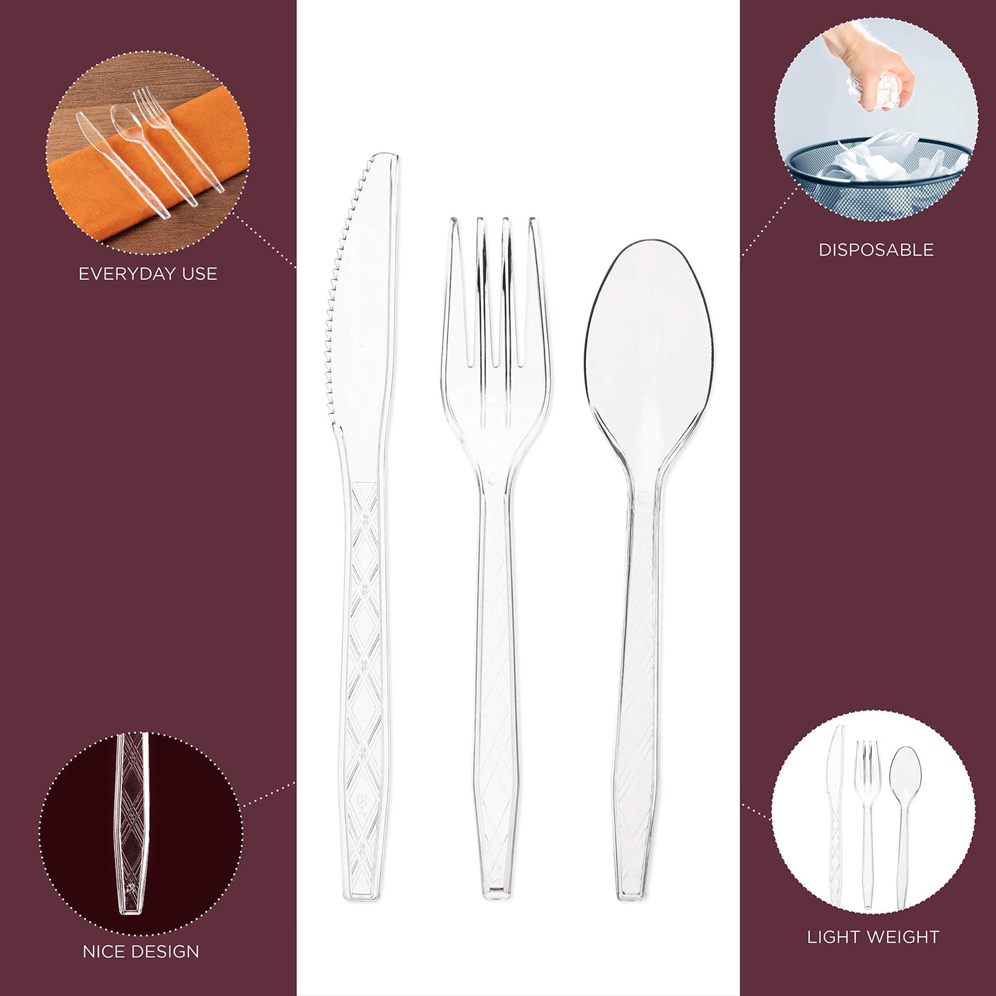 Party Bargains Disposable Cutlery set, SAPPHIRE Design, Clear Color, 360 Pieces: 180 Forks, 120 Spoons, 60 Knives