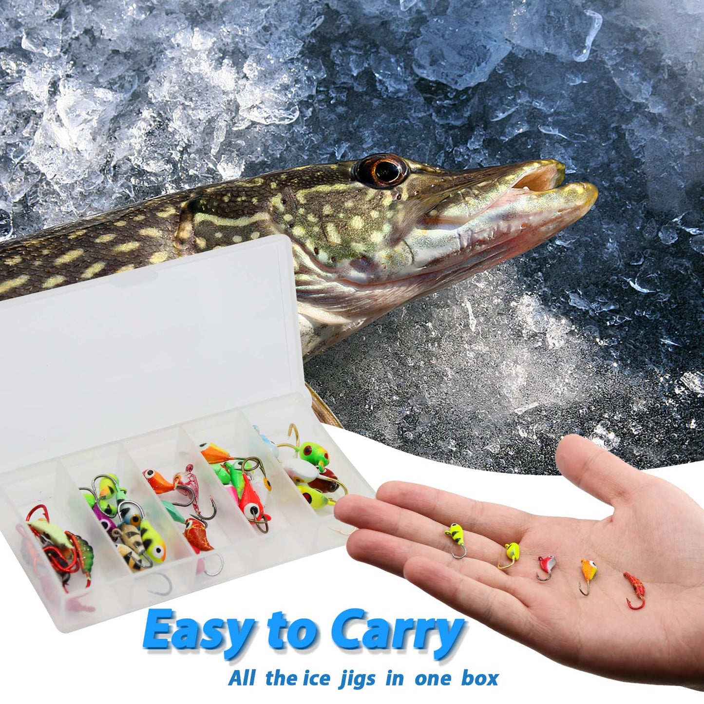 Ice Fishing Jigs Kit, 30/60Pcs Glow Ice Fishing Lure Set for Winter Ice Jigging Crappie Sunfish Perch Panfish Walleye Pike Jigs, Ice Fishing Gear with Storage Box