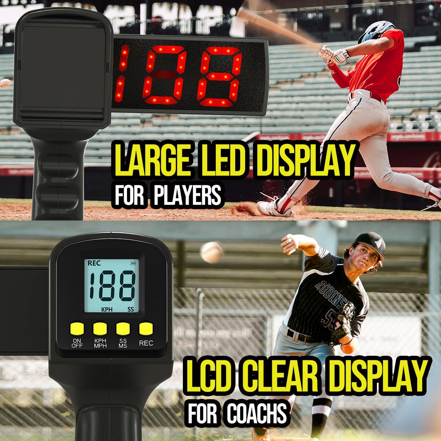 WEEPALM Baseball Radar Gun - Accurate Speed Sensors Baseball Speed Training Equipment with LED+LCD Dual Display,Handheld or Hand Free Speed Radar Gun for All Baseball Players| with Tripod