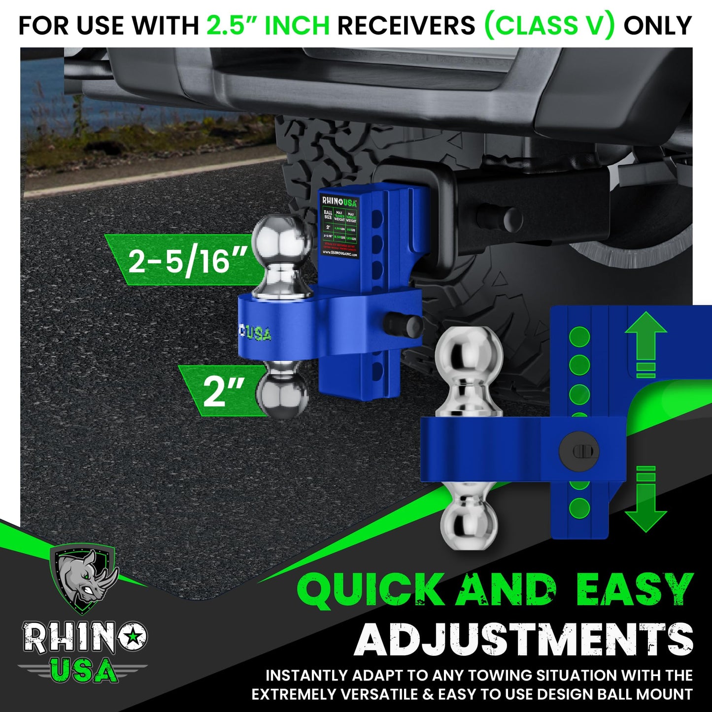 Rhino USA Adjustable Trailer Hitch (Fits 2-Inch Receiver) - Heavy Duty Aluminum Tow Hitches with 6-Inch Drop/Rise for Truck (12,500 LBS GTW) - Weatherproof Double Anti-Theft Locking Hitch Pins (Black)