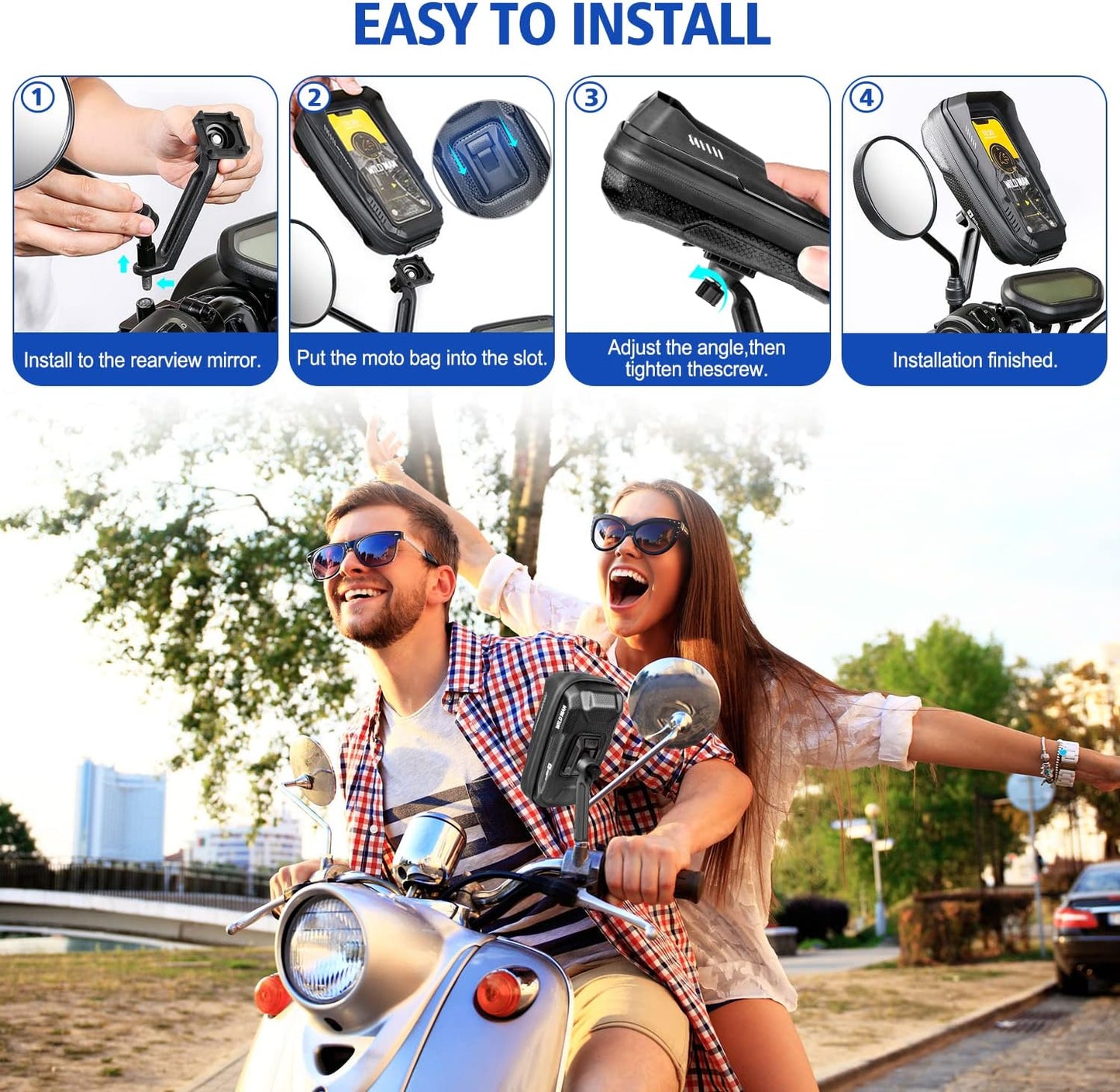 BKNOOU Motorcycle Phone Holder Waterproof Motorcycle Cell Phone Mount 360°Rotation Anti-Shake Upgrade Sun Visor Rain Cover Rearview Mirror Phone Holder Motorbike for Smartphone 4.5" to 6.9"
