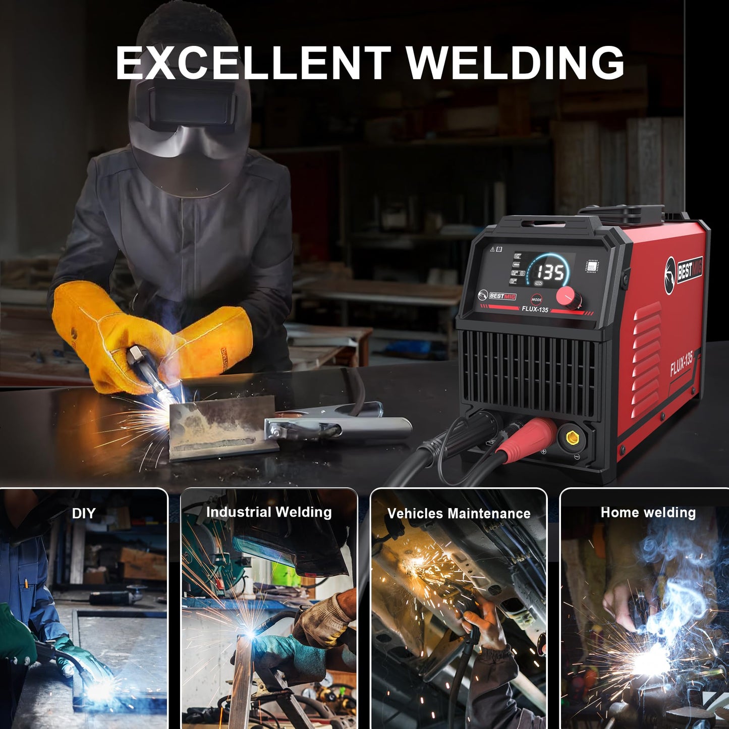 BESTMIG 135A MIG Welder - 3-in-1 Flux Core Welder, MIG/Lift TIG/Stick Welding Machine - Portable IGBT Inverter - 110V with Welding Helmets and Gloves (Red Black, MIG 135A Welder)