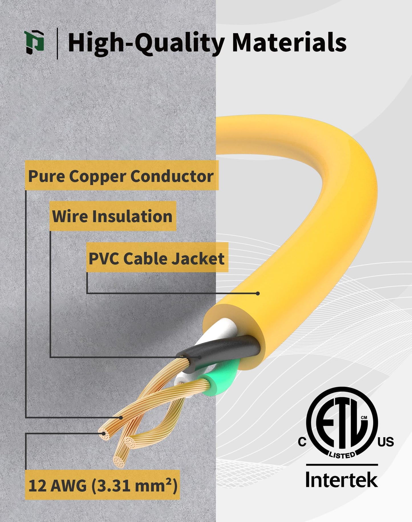 25Ft 12/3 Outdoor Extension Cord with 3-Outlets, Heavy Duty 12 Gauge 3 Prong Extension Cord Waterproof with Lighted end, 15A 12AWG 1875W SJTW, ETL Listed - Great for Garage, Garden and Home, Yellow