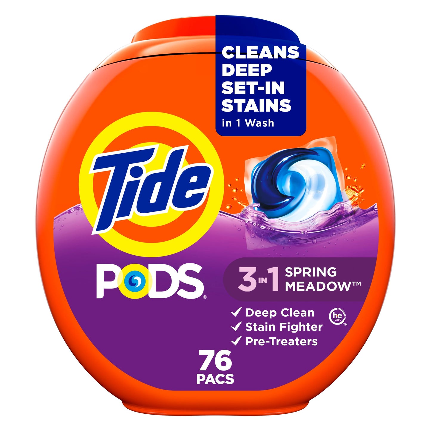 Tide PODS Liquid Laundry Detergent Soap Pacs, HE Compatible, Powerful 3-in-1 Clean in one Step, Built in Stain Removers, Spring Meadow Scent, 76 Count