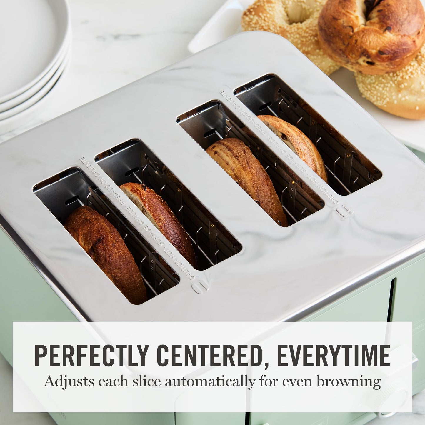 Martha Stewart 4 Slice Toaster, 10 Shade Settings with Defrost, Cancel, Bagel & Gluten-Free, Extra-Wide Self-Centering Slots for Waffles, Artisan Bread, Removable Crumb Tray, Cord Wrap,1800W, Honeydew