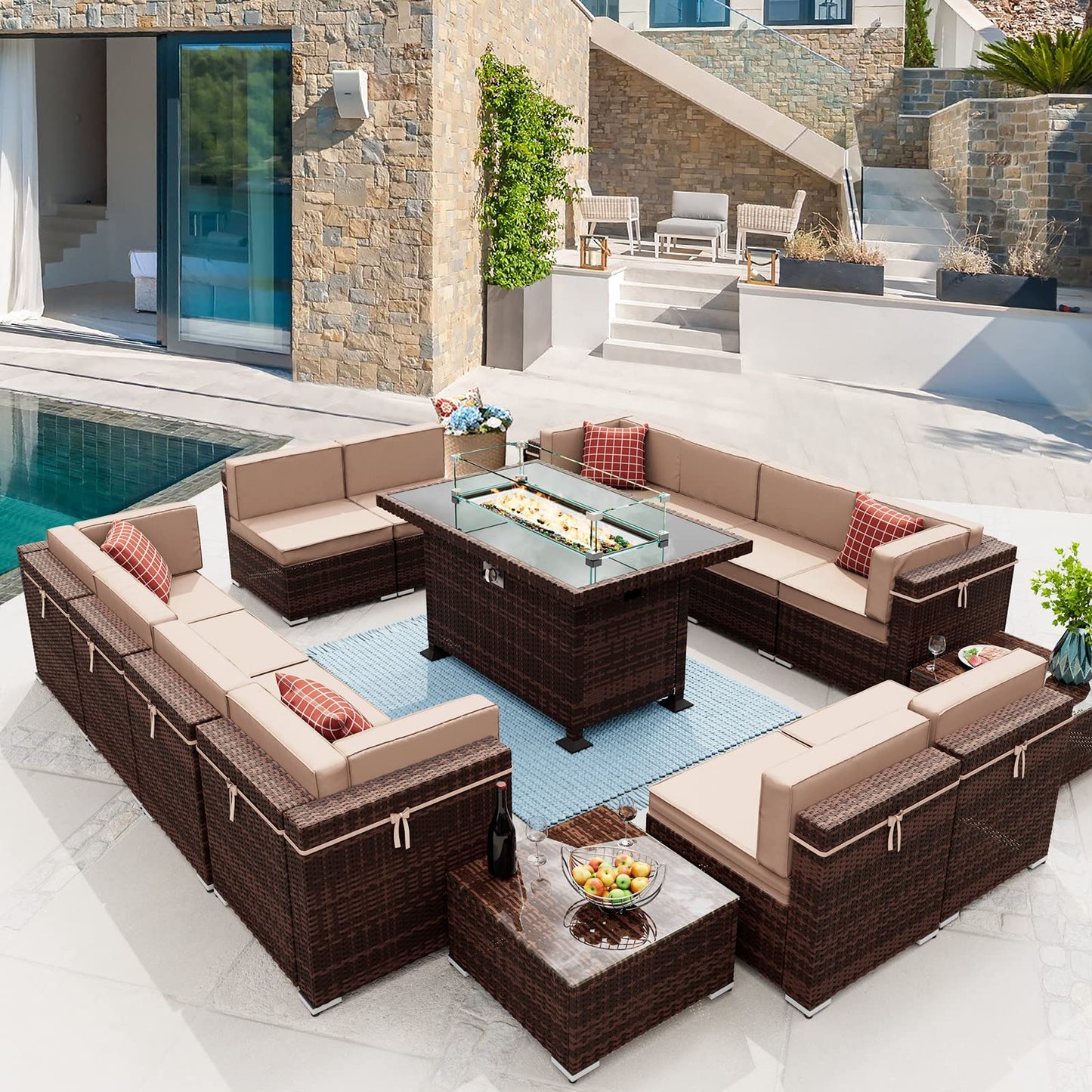 Amopatio Patio Furniture Sets, 7 Pieces Outdoor Rattan Sectional Sofa Set with Glass Table and Cushions, Wicker Patio Conversation Set for Outdoor Indoor Backyard Lawn Garden Porch (Grey)