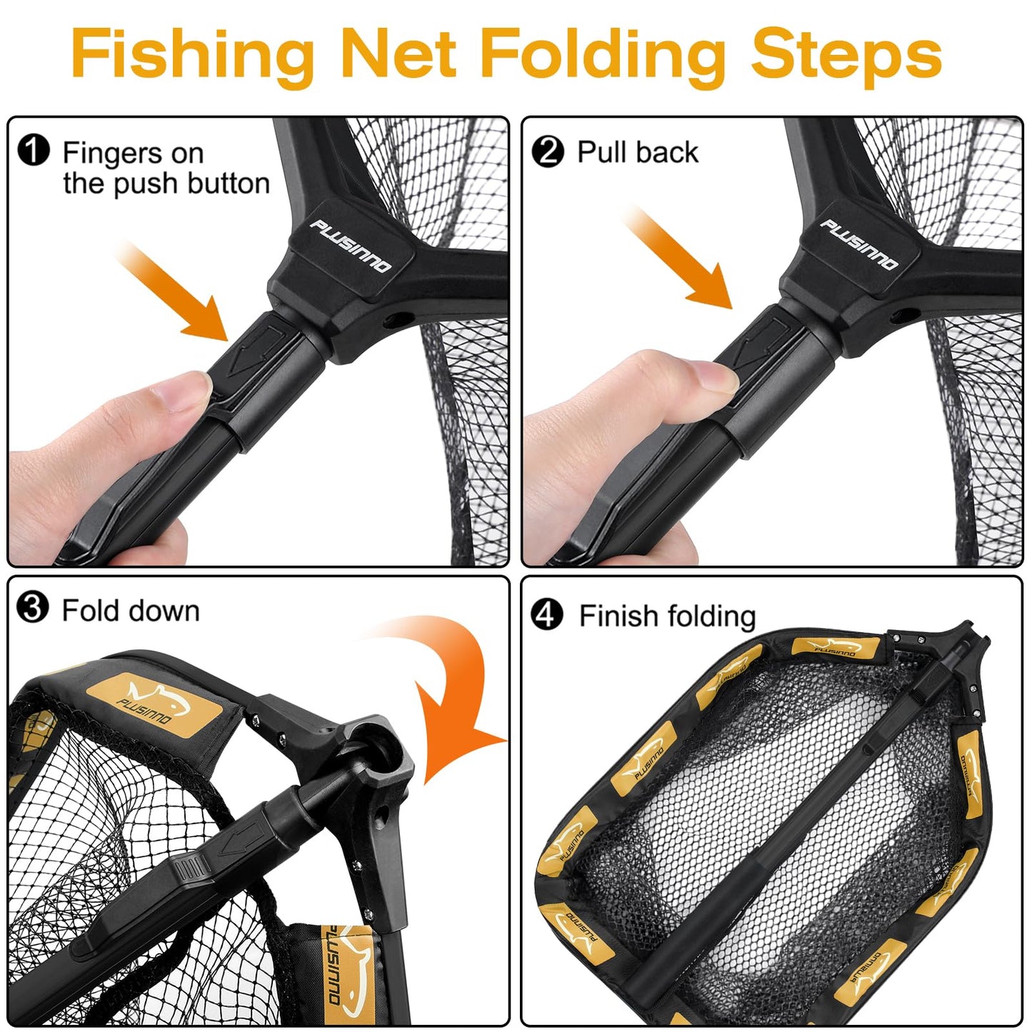 PLUSINNO Floating Fishing Net for Steelhead, Salmon, Fly, Kayak, Catfish, Bass, Trout Fishing, Rubber Coated Landing Net for Easy Catch & Release, Compact & Foldable for Easy Transportation & Storage