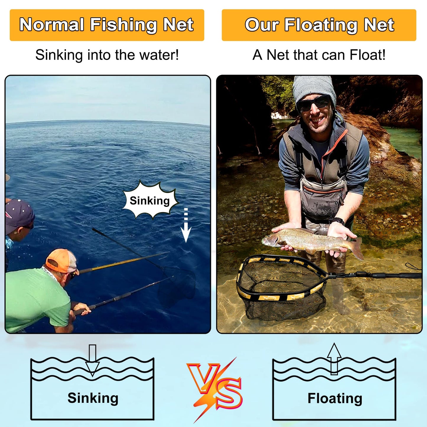 PLUSINNO Floating Fishing Net for Steelhead, Salmon, Fly, Kayak, Catfish, Bass, Trout Fishing, Rubber Coated Landing Net for Easy Catch & Release, Compact & Foldable for Easy Transportation & Storage