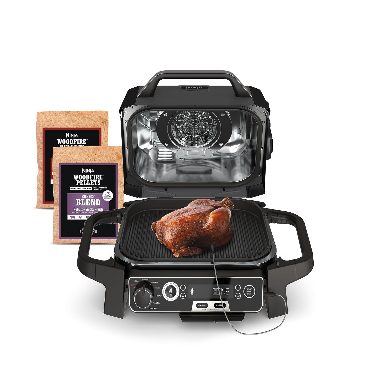 Ninja | Woodfire Series | 7-in-1 (Grill, BBQ, Roast, Air Fry, Dehydrate, Broil, Smoke) | Portable & Weather Resistant | Cook Up To 6 Steaks & 30 Hot Dogs | Woodfire Pellets included | OG701