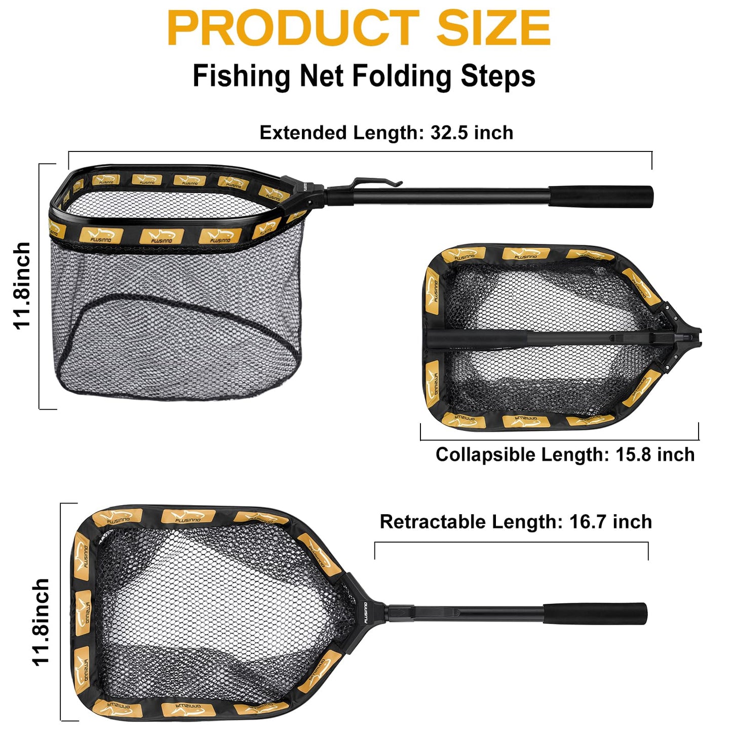 PLUSINNO Floating Fishing Net for Steelhead, Salmon, Fly, Kayak, Catfish, Bass, Trout Fishing, Rubber Coated Landing Net for Easy Catch & Release, Compact & Foldable for Easy Transportation & Storage