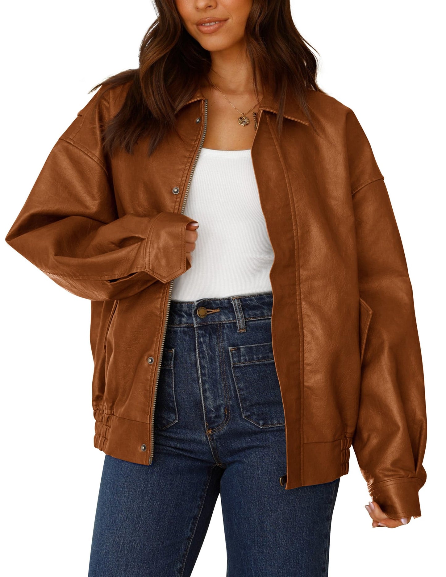 PRETTYGARDEN Women's Faux Leather Motorcycle Jacket Trendy Fall Spring Clothes Oversized Zip Up Winter Coat Outerwear