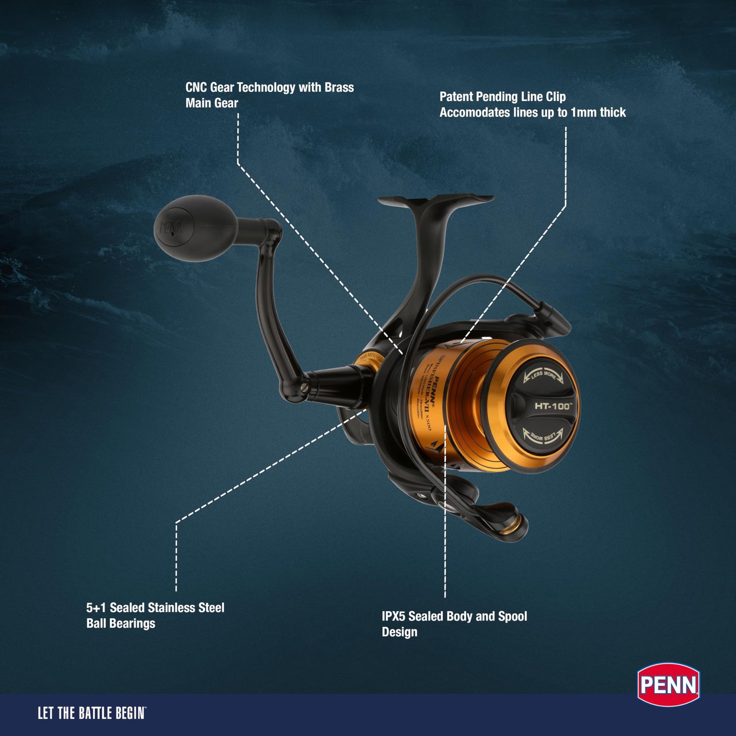 PENN Spinfisher VII 7500 Saltwater Spinning Reel, Right/Left Handle Position, IPX5 Seal, HT-100 Front Drag, Superline Spool, Precise CNC Gear Technology