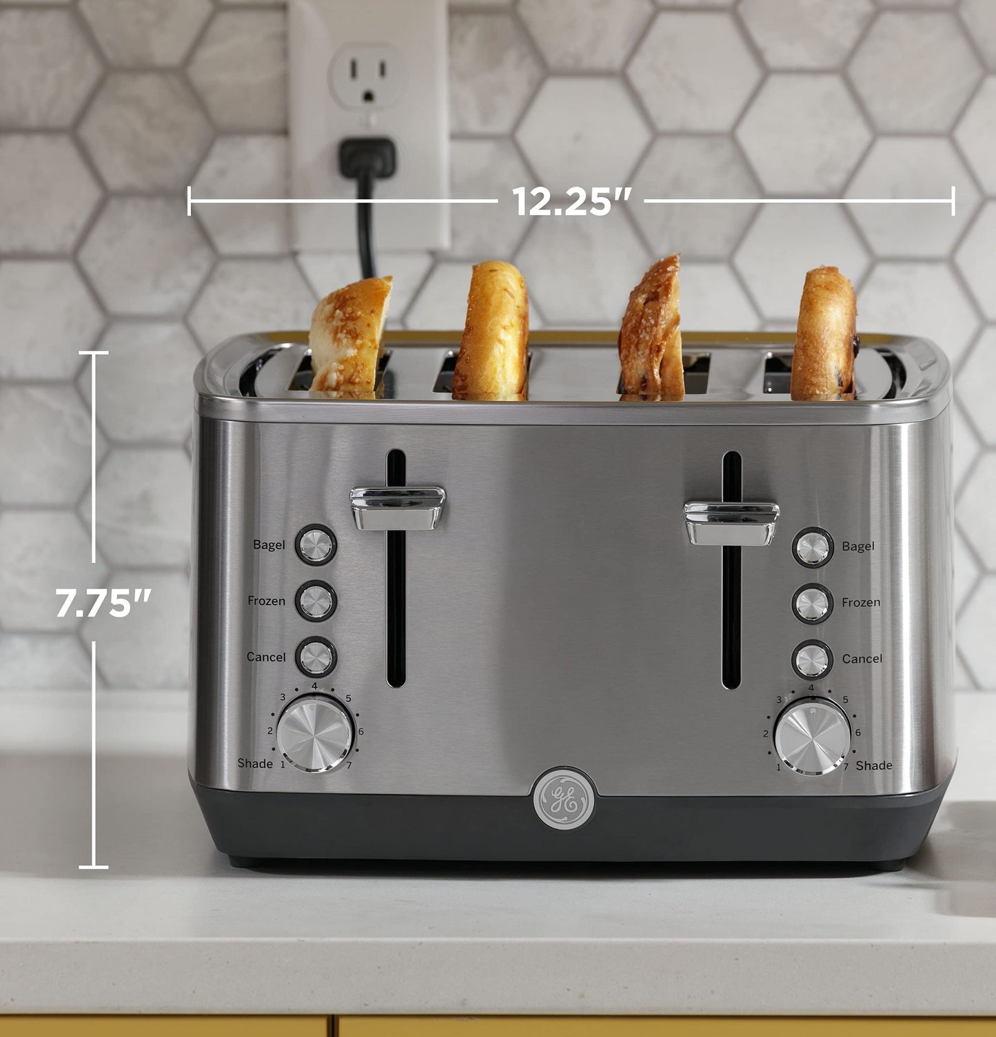 GE 2 Slice Stainless Steel Toaster, Extra Wide Slots for Toasting Bagels, Breads, Waffles & More, 7 Adjustable Shade Settings, Removable Crumb Tray, Countertop Kitchen Essentials, 850 Watts
