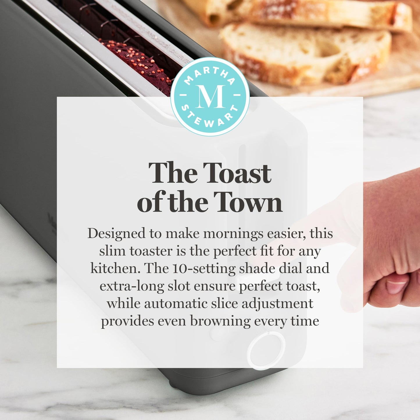 Martha Stewart 2 Slice Long Slot Toaster, Extra Wide for Sourdough & Bagels, 10 Setting Shade Control, Removable Crumb Tray, Self-Centering Design, Defrost/Reheat, Cancel, Slim Space-Saving, Honeydew