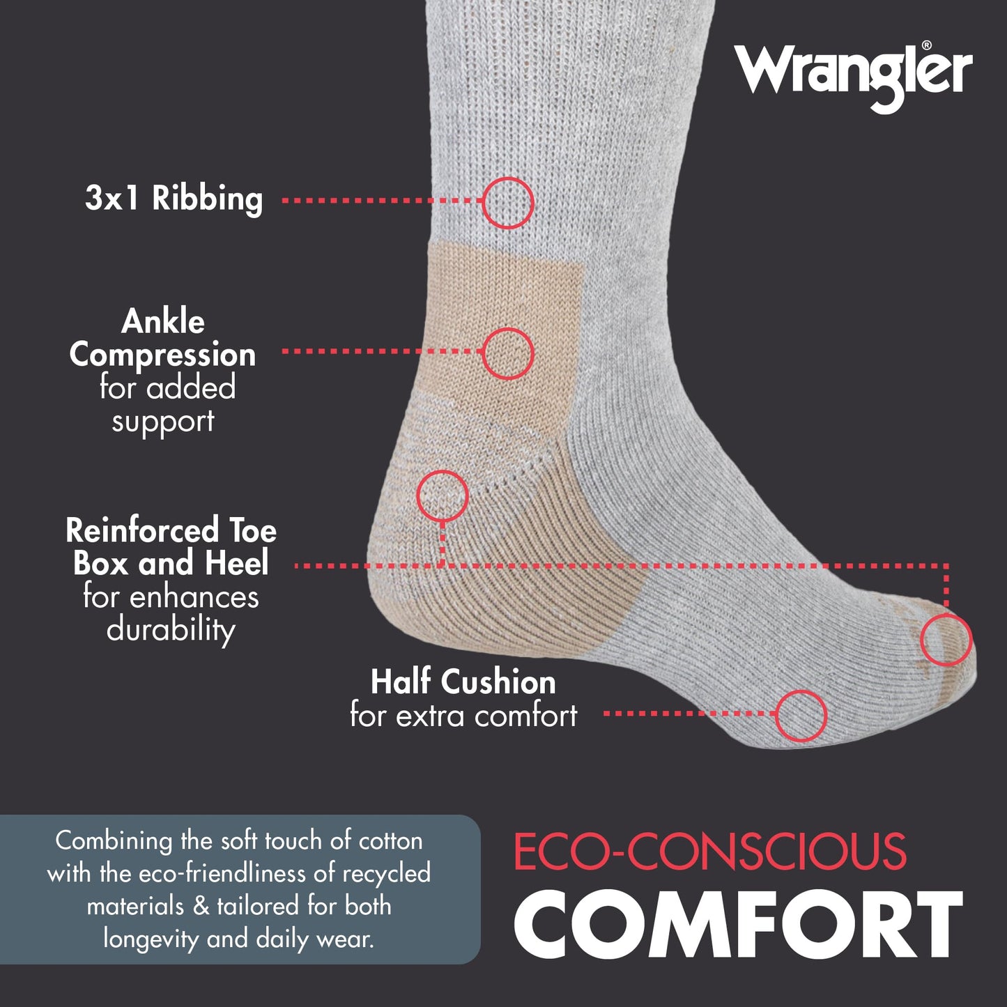 Wrangler - 365 Men's Crew Socks - Full Cushion Socks for All-Day Comfort - Fits Sizes 6-12