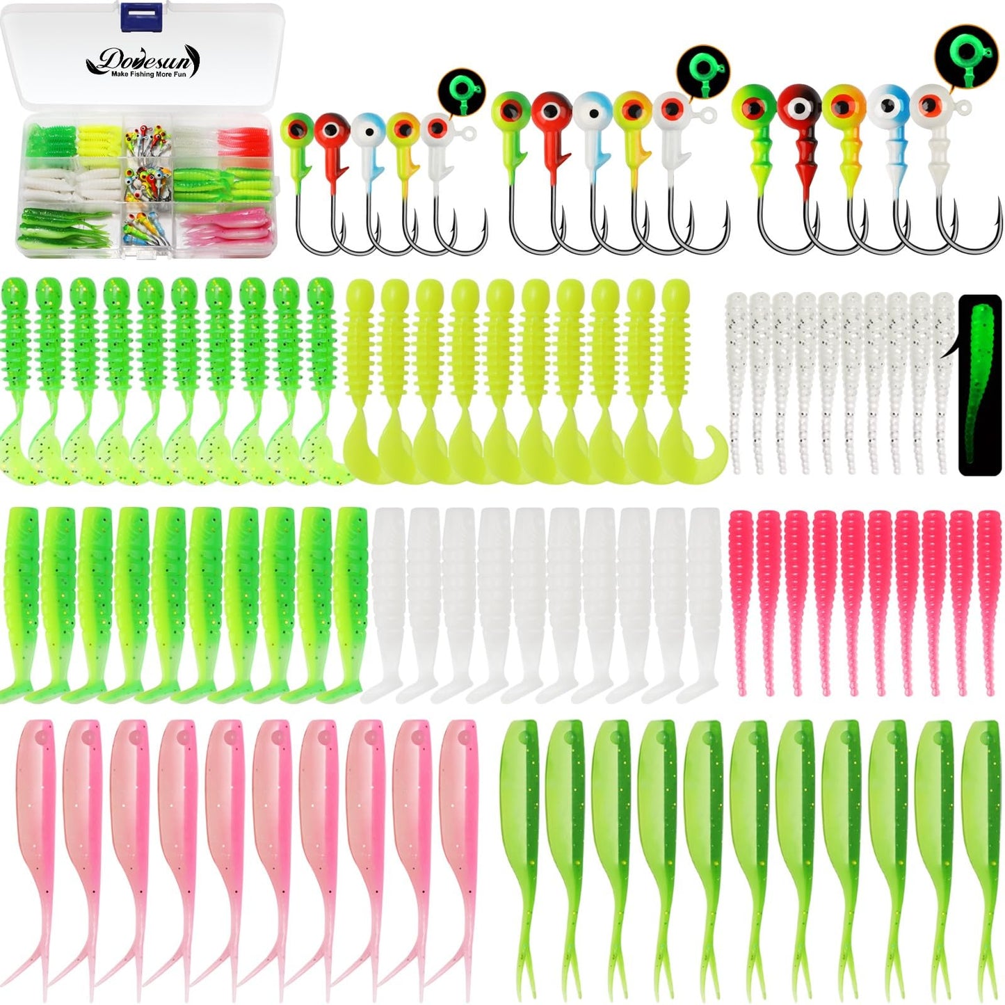 Dovesun Crappie Lures with Jig Heads Kit, Soft Plastic Grubs-Tube Baits 1/8oz 1/16oz 1/32oz Crappie Jigs Walleye Trout Bass Crappie Baits 95-120pcs