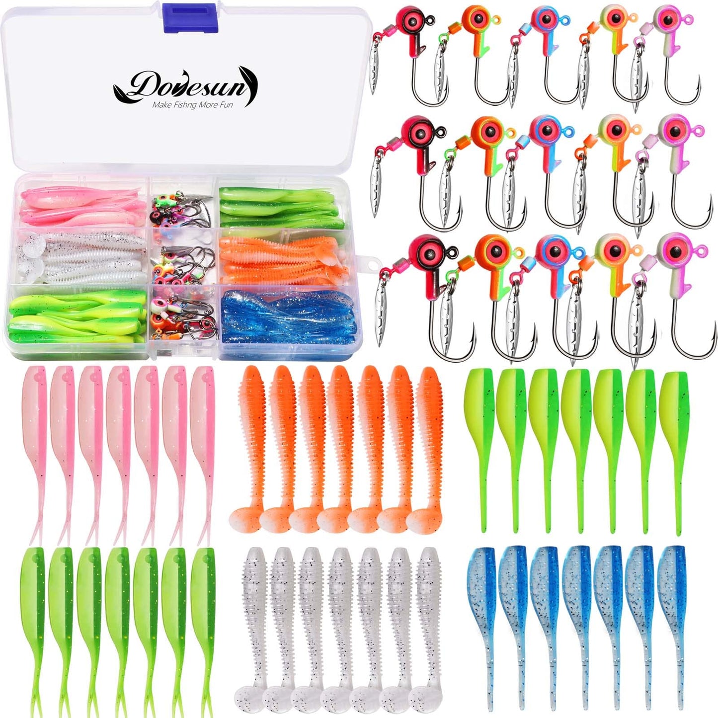 Dovesun Crappie Lures with Jig Heads Kit, Soft Plastic Grubs-Tube Baits 1/8oz 1/16oz 1/32oz Crappie Jigs Walleye Trout Bass Crappie Baits 95-120pcs