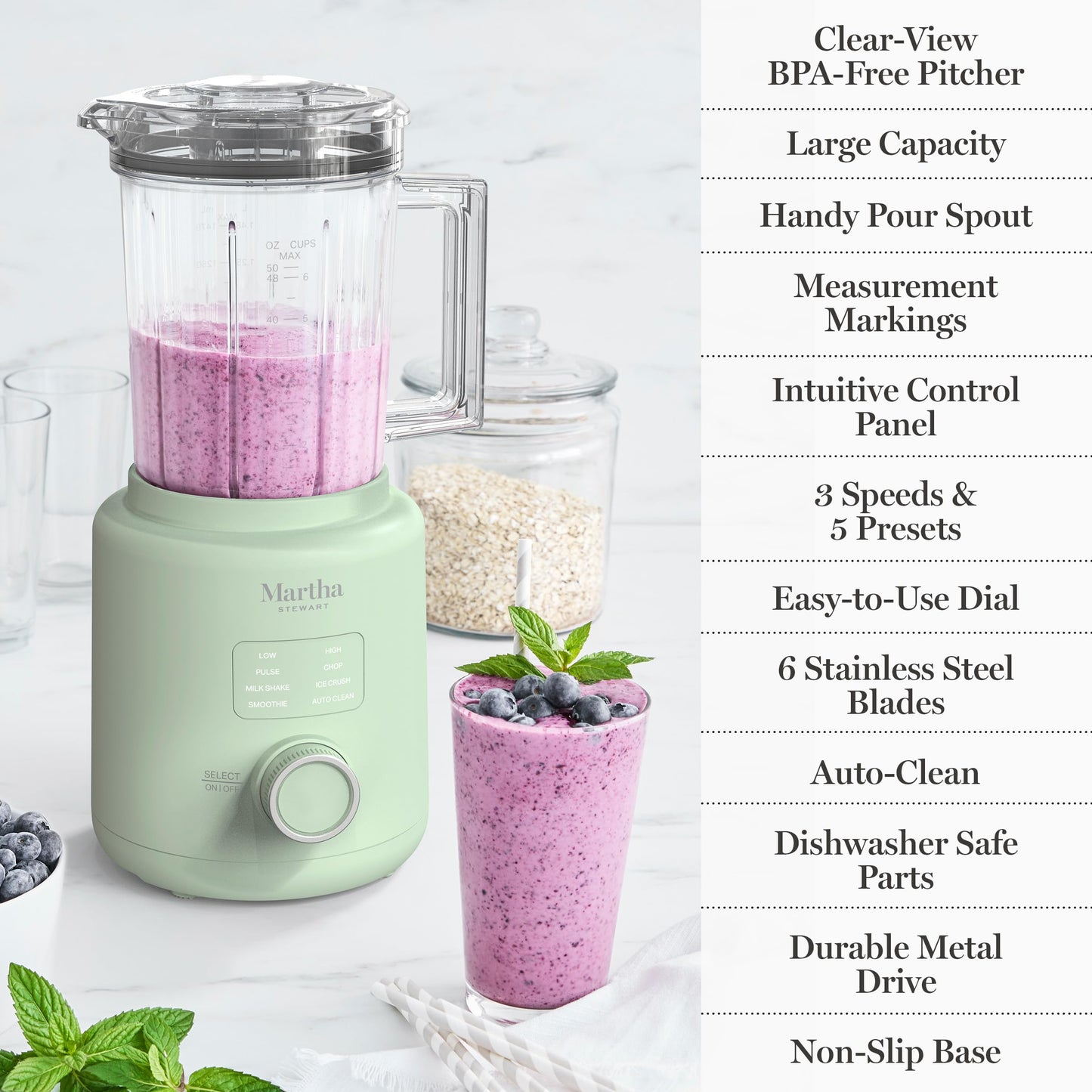 Martha Stewart 50oz Countertop Blender, Smoothie, Margarita & Ice Crushing Blender, BPA-Free Pitcher, 3 Speeds, 5 Presets, Auto-Clean Function, Dishwasher Safe, Stainless Steel Blades, Sky Blue