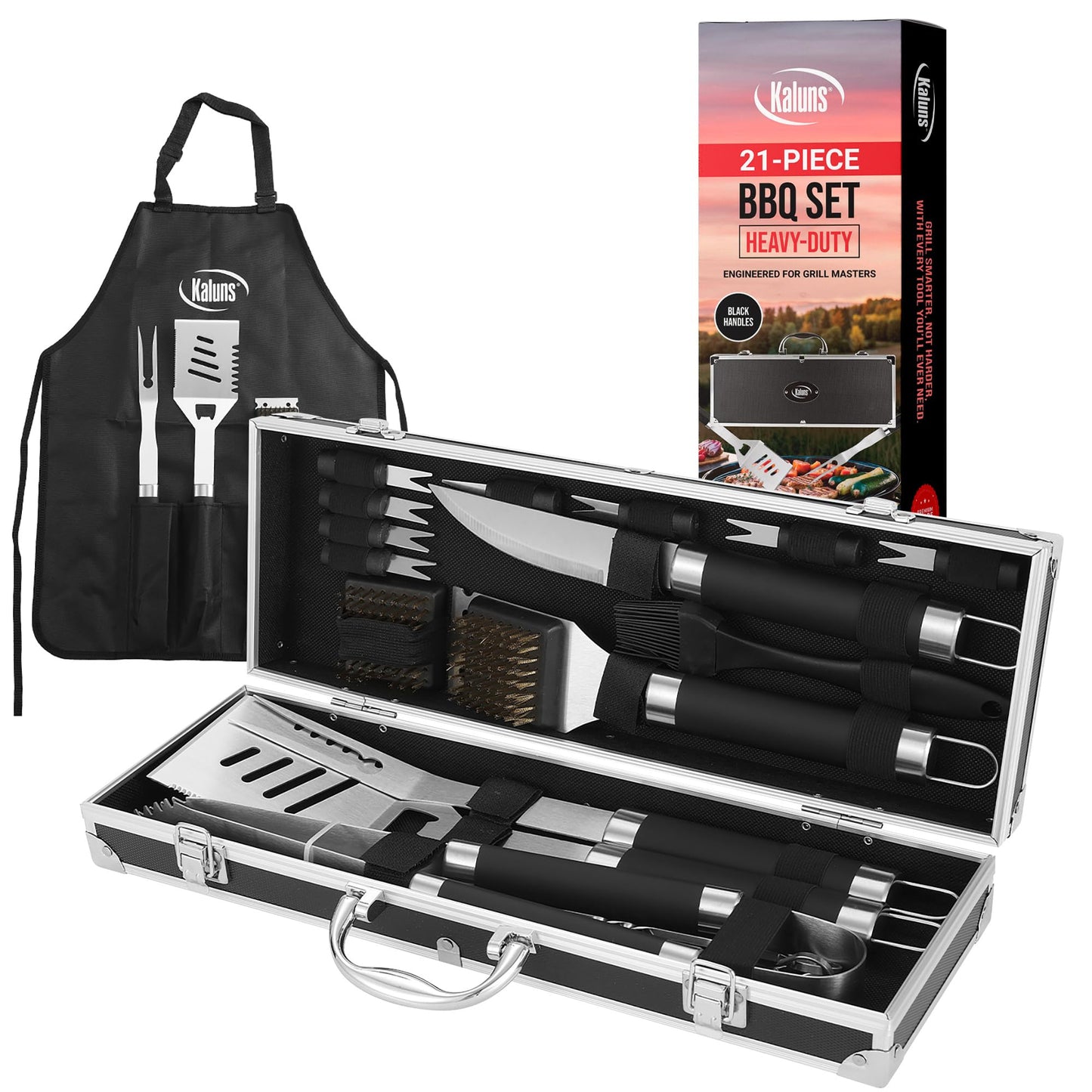 Kaluns Grilling Accessories, Dad Gifts for Fathers Day Grilling Gifts, Heavy Duty Stainless Steel BBQ Grill Tools Set for Outdoor Grill with Aluminum Case and Apron, Dad Birthday Gifts for Men Husband