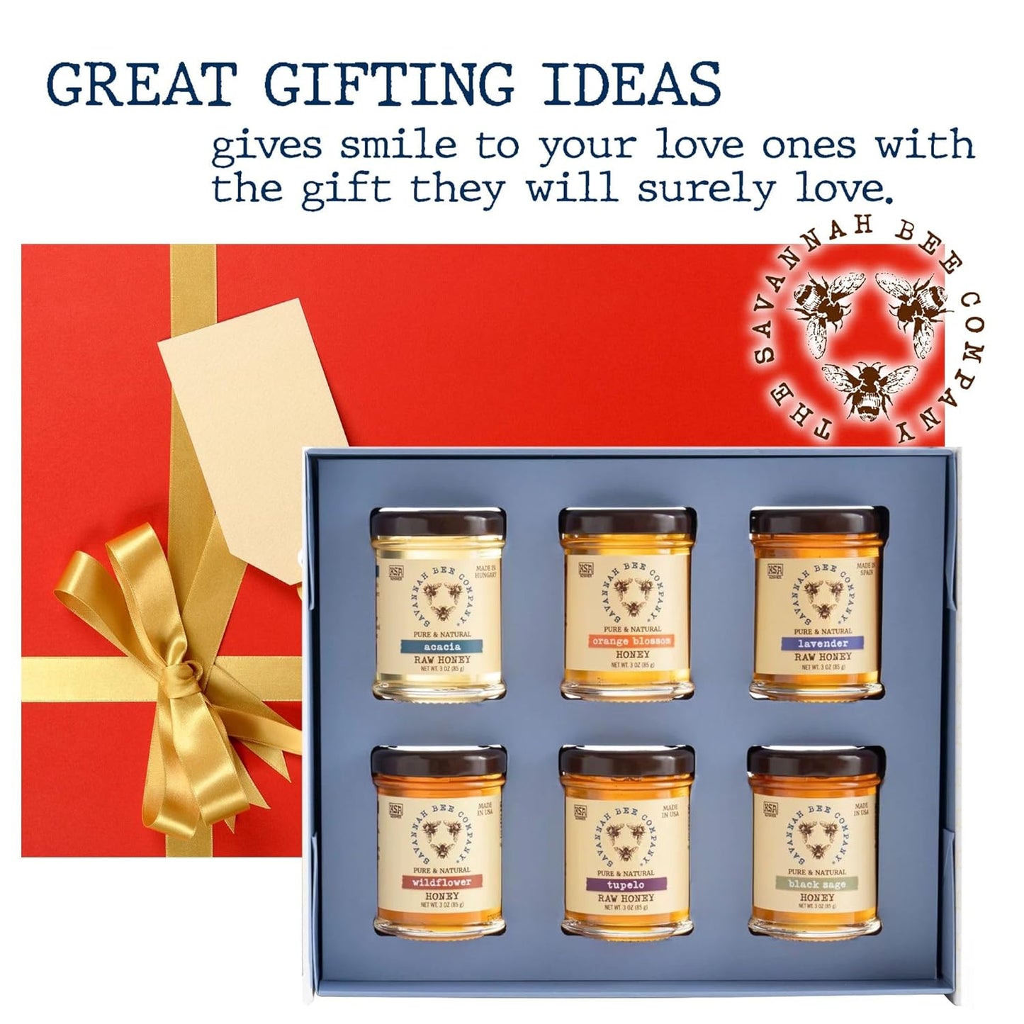 Blossom to Bottle - Honey Gift with Tupelo, Lavender, Wildflower, Black Sage, Acacia and Orange Blossom Honeys - Pure and Natural