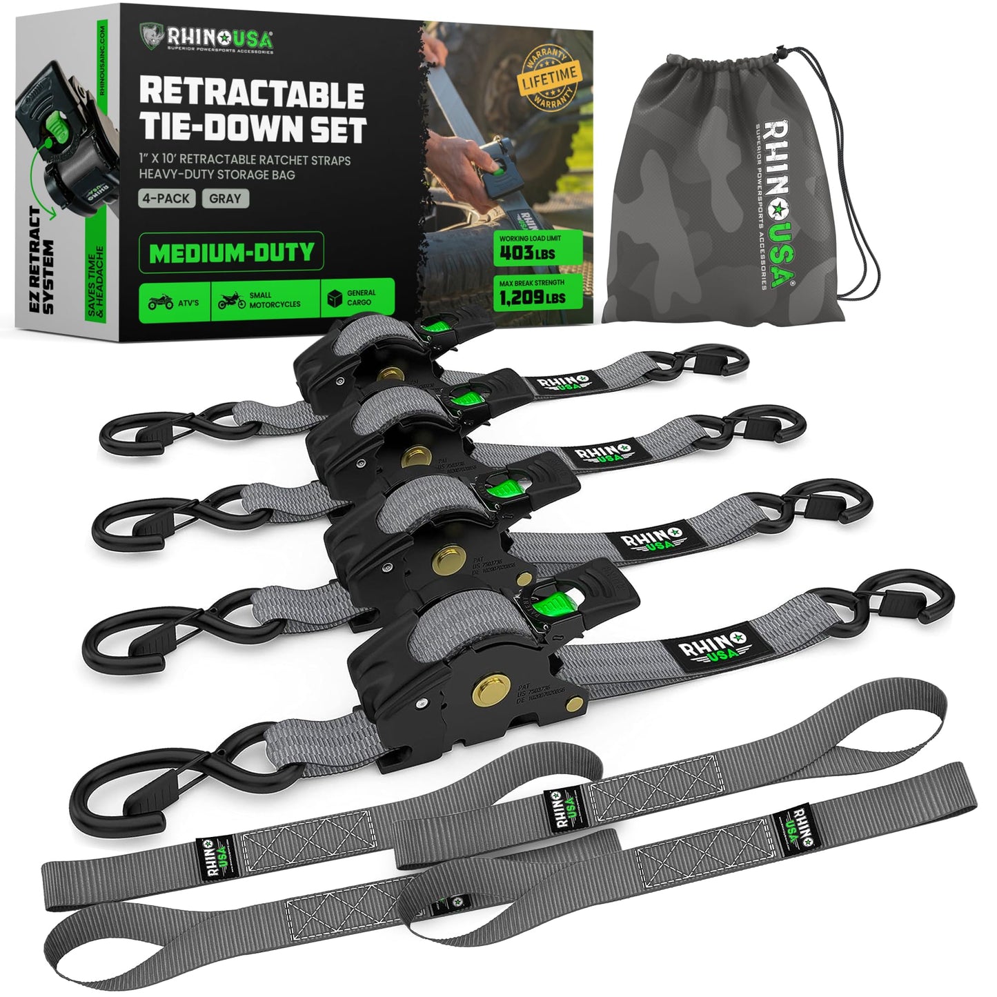 Rhino USA Retractable Ratchet Straps (4-Pack) - 1 Inch x 10 Feet (1,209lb Break Strength) - Heavy Duty Auto Self Retracting Tie Down Straps for Truck, Cargo Trailer, Motorcycle, Rad & More - Black