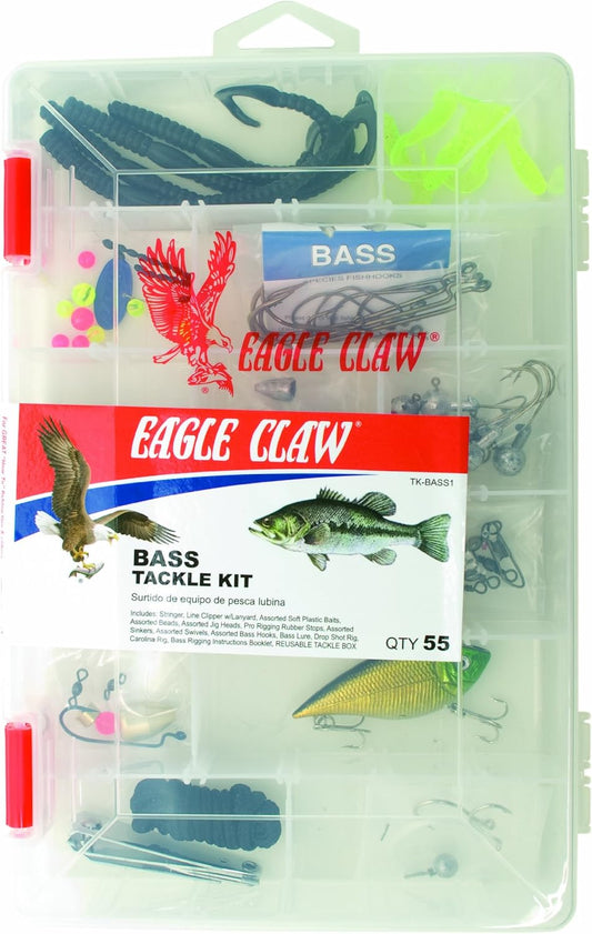 EAGLE CLAW BASS TACKLE KIT, 55 PIECES, CONTAINS ASSORTMENT OF HOOKS, SINKERS AND TACKLE FOR FRESHWATER BASS FISHING