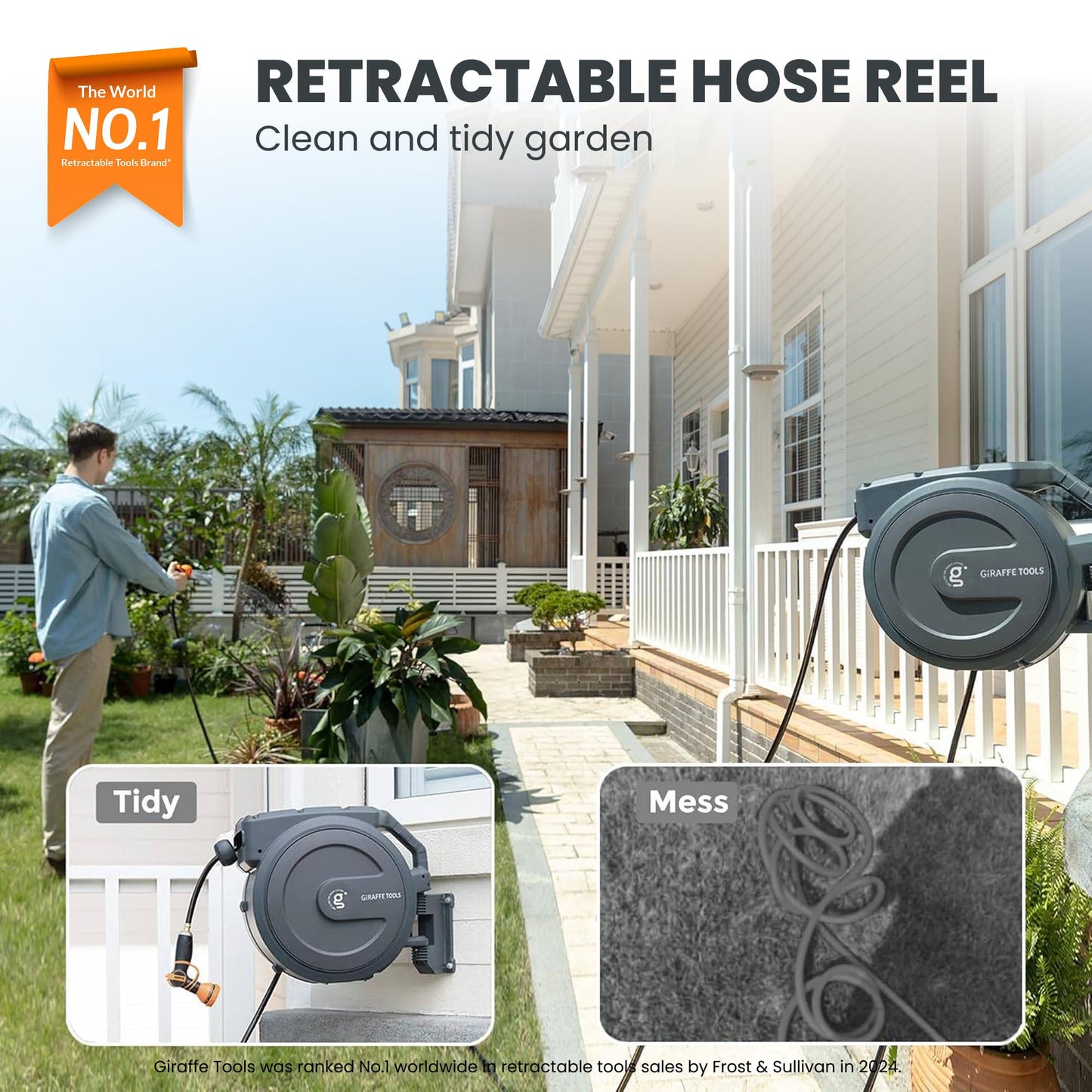 Giraffe Tools Retractable Hose Reel 1/2 in x130 FT PRO Metal Bracket Wall Mounted Heavy Duty Hose Reel with 9 Pattern Nozzle 180 Deg Swivel, Metal Bracket Any Length Lock (1/2 130FT PRO, Dark Grey)